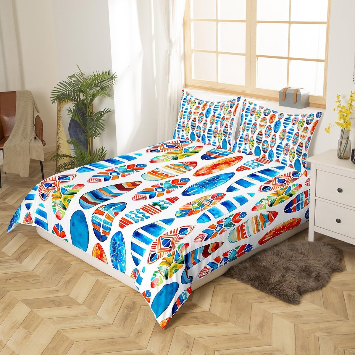 Colorful Surfboard Bedding Set Sea Surfing Comforter Cover Set for Kids Teens Women Room Decor Beach Vacation Duvet Cover Breathable Watercolor Surfboard Bedspread Cover Full Size(No Comforter)
