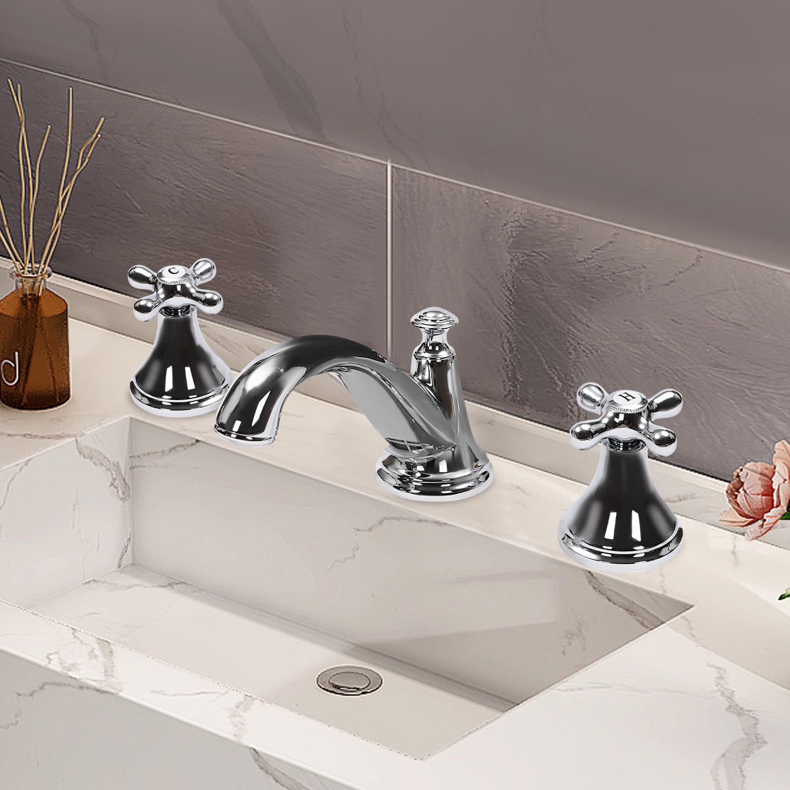 Grifo de baño de 3 orificios, doble manija, 3 orificios con pico en nido de abeja, mezclador de agua fría y caliente para baño, cocina, ducha, lavabo, plateado