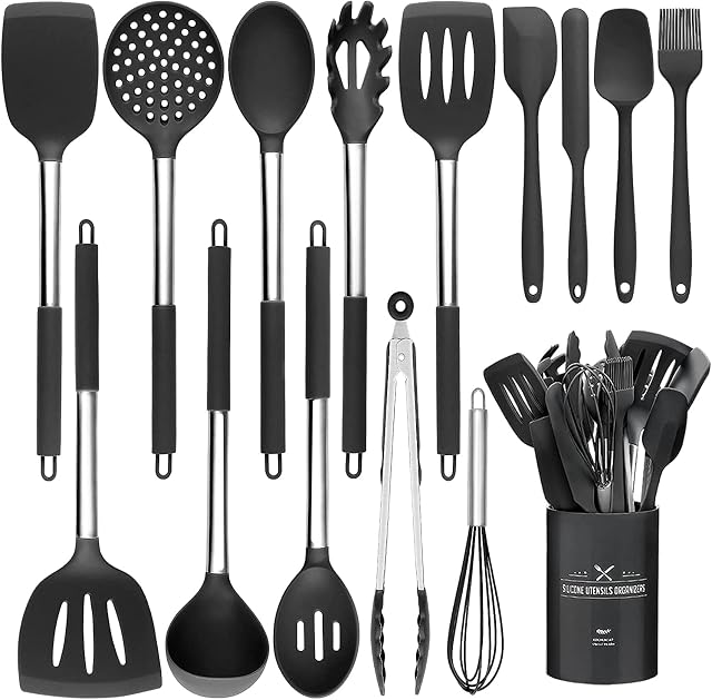Raincol Silicone Kitchen Utensils Set Heat Resistant Silicone Kitchen Utensil Set with Stainless Steel Handles for Cooking and Baking, Non-Stick Coating, 15 Pieces (Black)