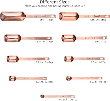 Copper Measuring Cups and Spoons Set 17, 7 Stainless Steel Measuring Cups&9 Long Hanlde Narrow Measuring Spoons for Spice Jar&Leveler, Kitchen Metric&US Measure Cup Spoons for Dry and Liquid