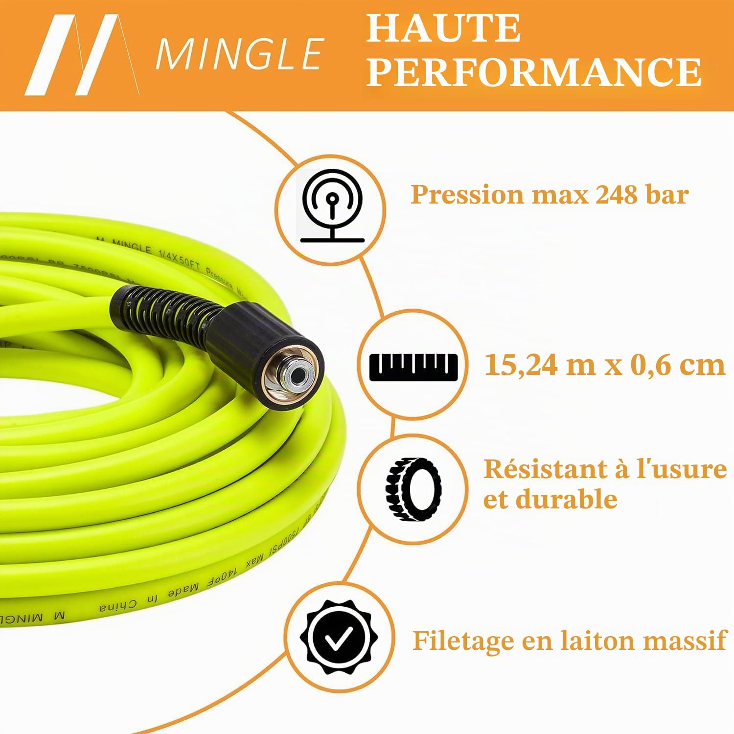M MINGLE Tuyau de Nettoyeur Haute Pression 15 m x 1/4" (6.35 mm) - Flexible de Remplacement avec Kits de Connexion Rapide - Raccords M22 14 mm - 250 Bar