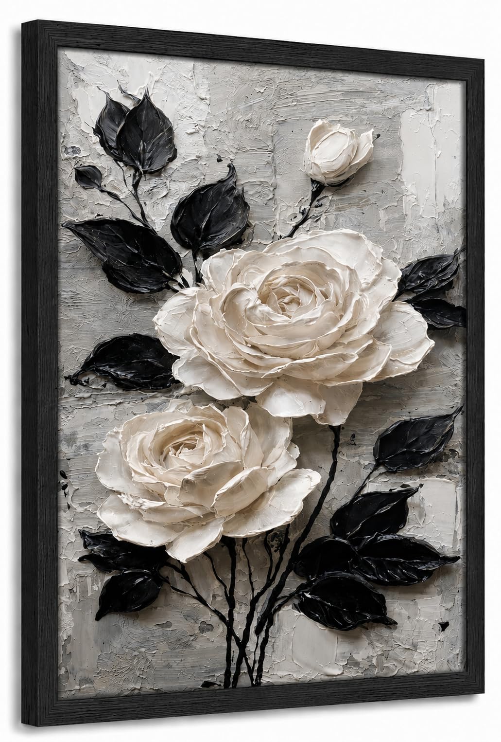 Elvynln White Rose Framed Wall Art 12x16 Inch, Floral Canvas Pictures for Living Room, Black Wooden Frame, HD Waterproof Print, Wall Decor for Bedroom and Home Office