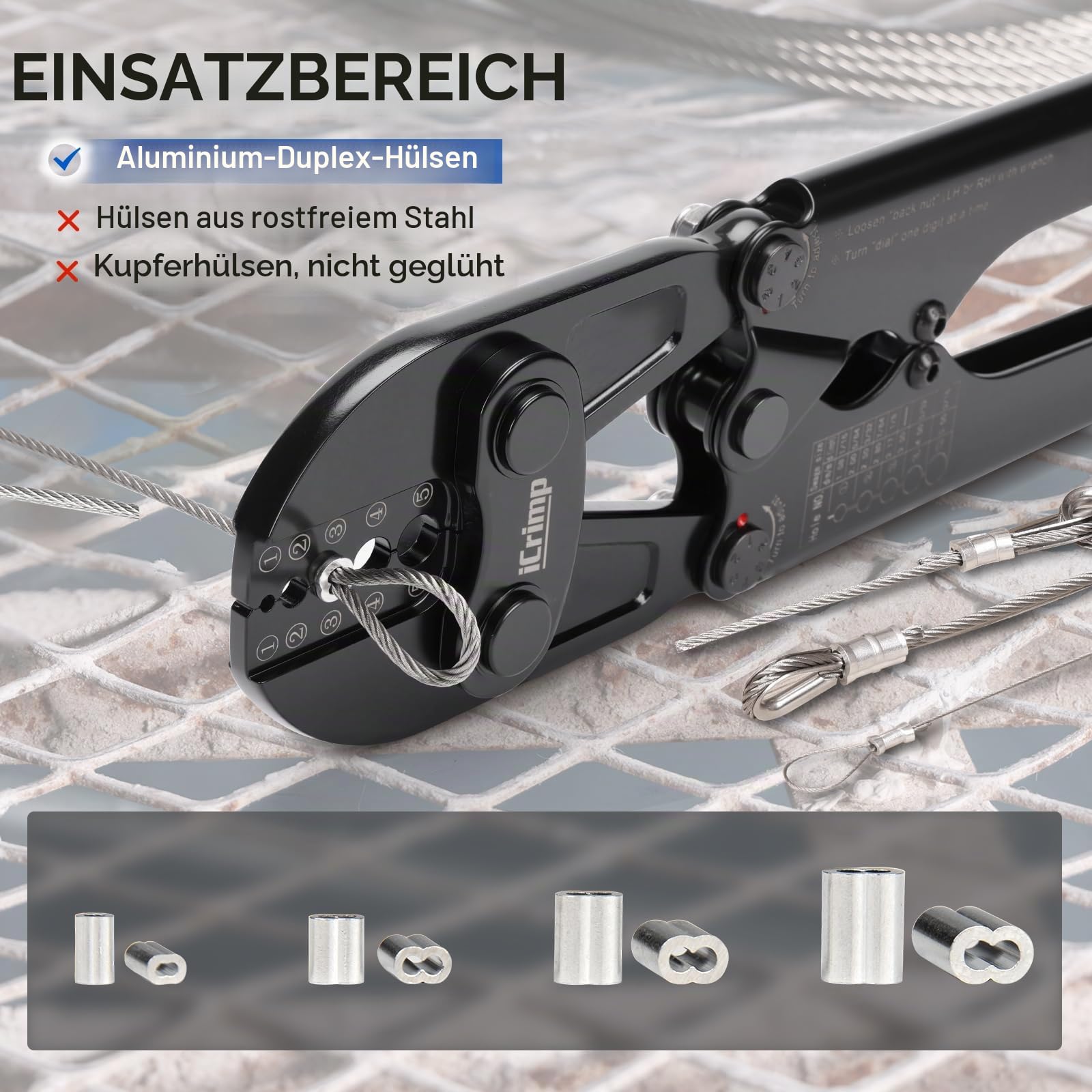 iCrimp Robuste Drahtseil-Crimpzange mit integriertem Kabelschneider, langer Griff, Presspresse für Kupfer- und Aluminiumhülsen, arbeitssparende Crimpzange für 1/16 Zoll - 3/16 Zoll (Ø 1,6 - 4,8 mm