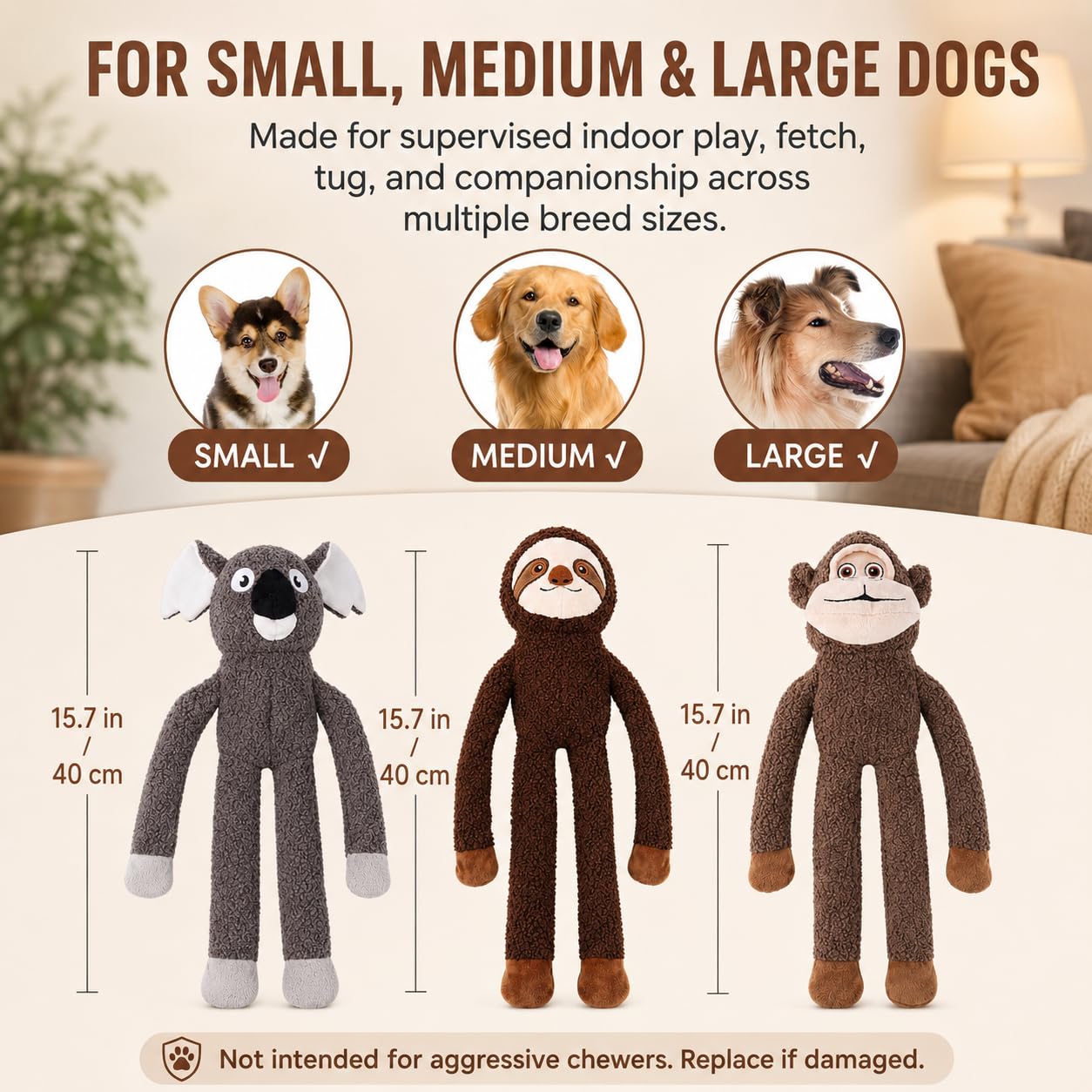 Juguetes para perros grandes sin relleno, paquete de 3 juguetes interactivos de dentición de felpa chirriantes, regalos duraderos y divertidos para razas pequeñas, medianas y grandes