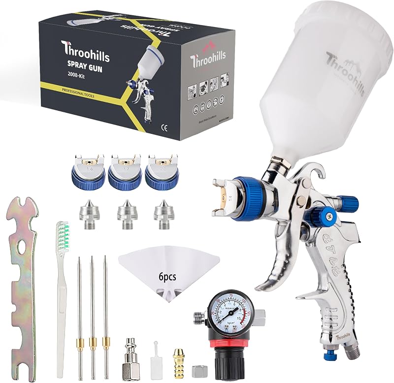 Pistola pulverizadora profesional HVLP, boquilla de 1,4/1,7/2,0 mm HVLP Pistola pulverizadora por gravedad neumática ajustable de alto flujo de atomización con vaso de 600 cc y medidor para retoque de pintura(azul)