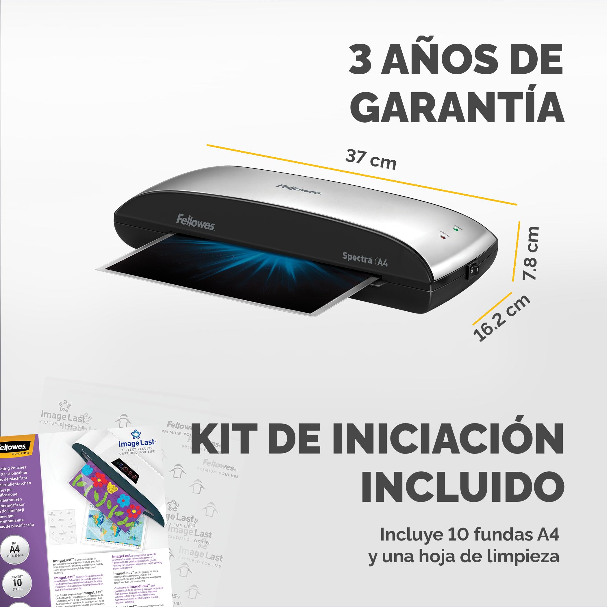 Fellowes Spectra A4 - Plastificadora de documentos, hasta 125 micras, uso ocasional, libre de atascos, 10 fundas de plastificar gratis