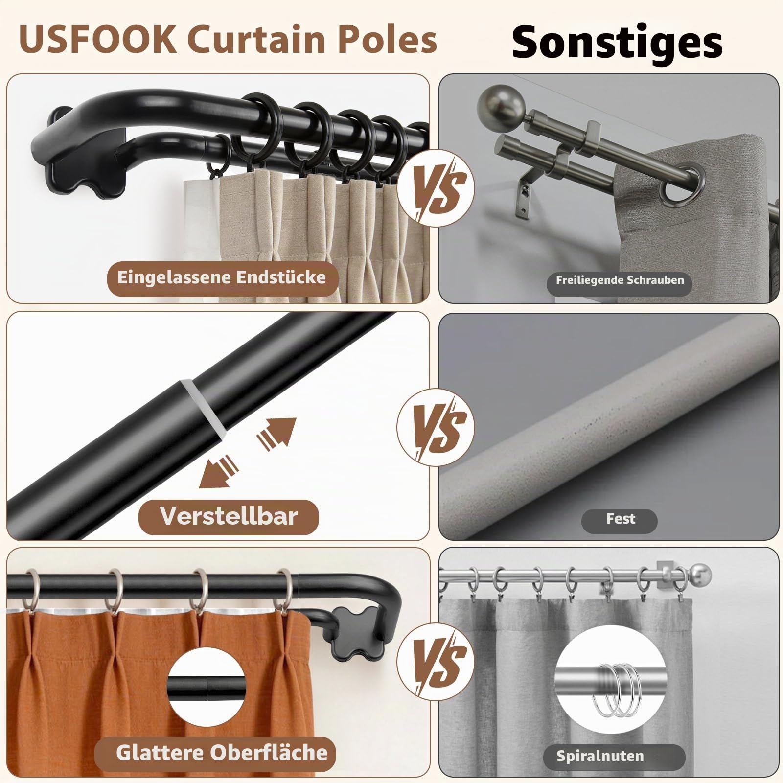 USFOOK Gardinenstange 2 Läufig 80 bis 292 cm, 19 mm Vorhangstange Schwarz | Gardinenstange doppelt modern, Vorhangstange doppelt Metall, mit gebogenen Endstück, für Flächenvorhang Schiebegardinen