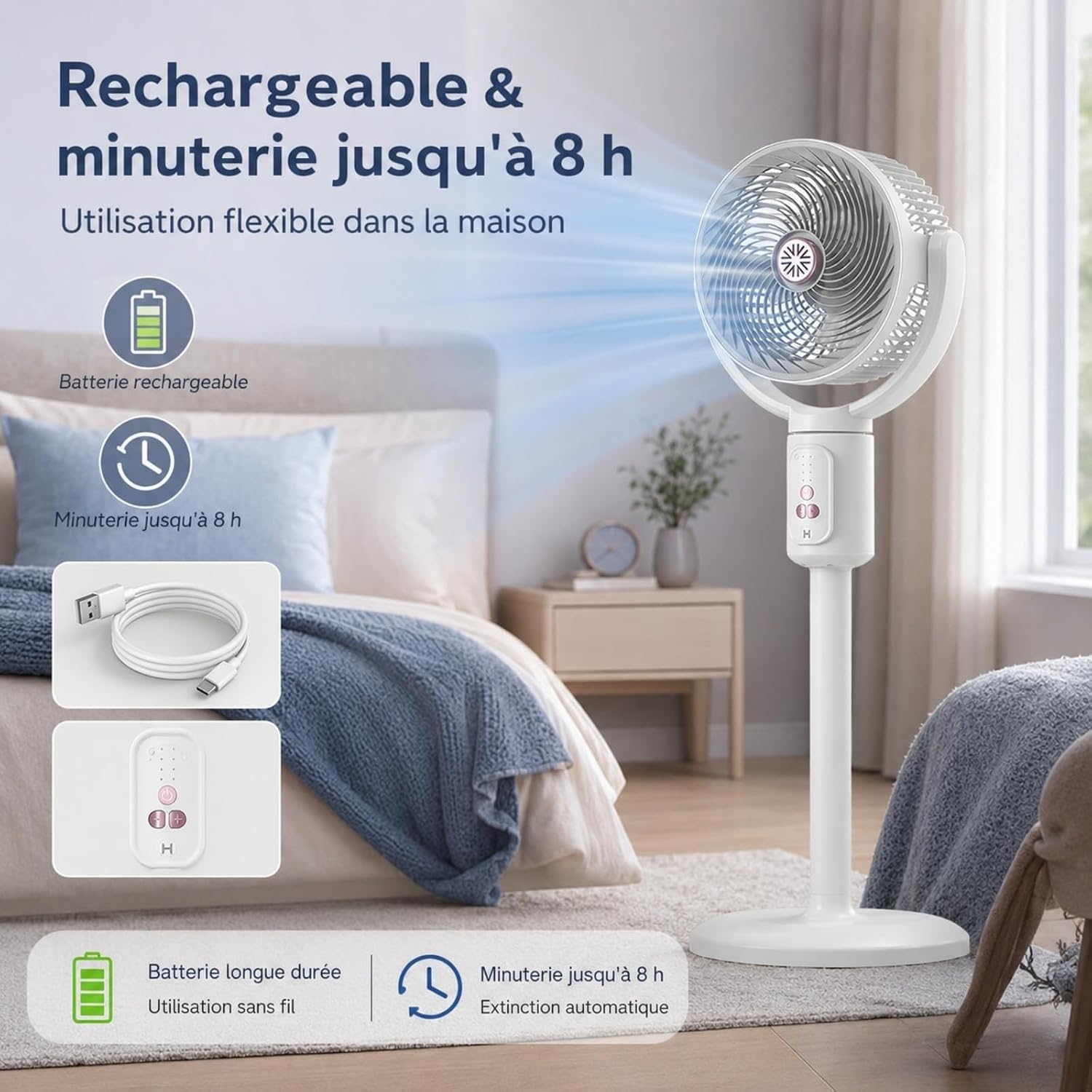Ventilador de columna interior recargable, aire altura ajustable | Circulador con temporizador y mando a distancia for oficina, dormitorio, salón, cocina(B)