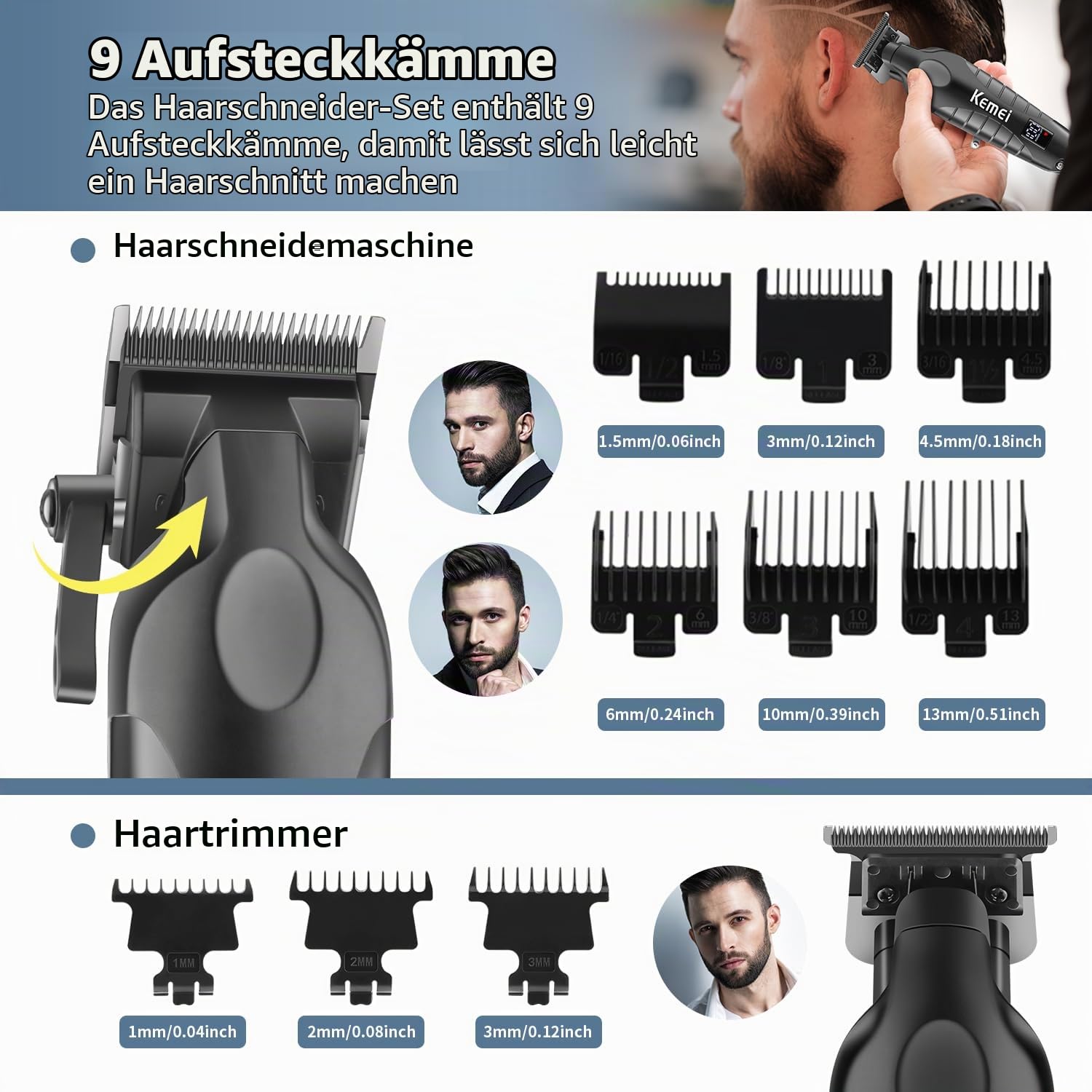KEMEI Professionelle Haarschneidemaschinen für Männer, schnurloser kompletter Barber Clipper T-Blade Trimmer Folienrasierer Set, elektrisches Haarschneiden Full Kit mit 9 Führungskämmen
