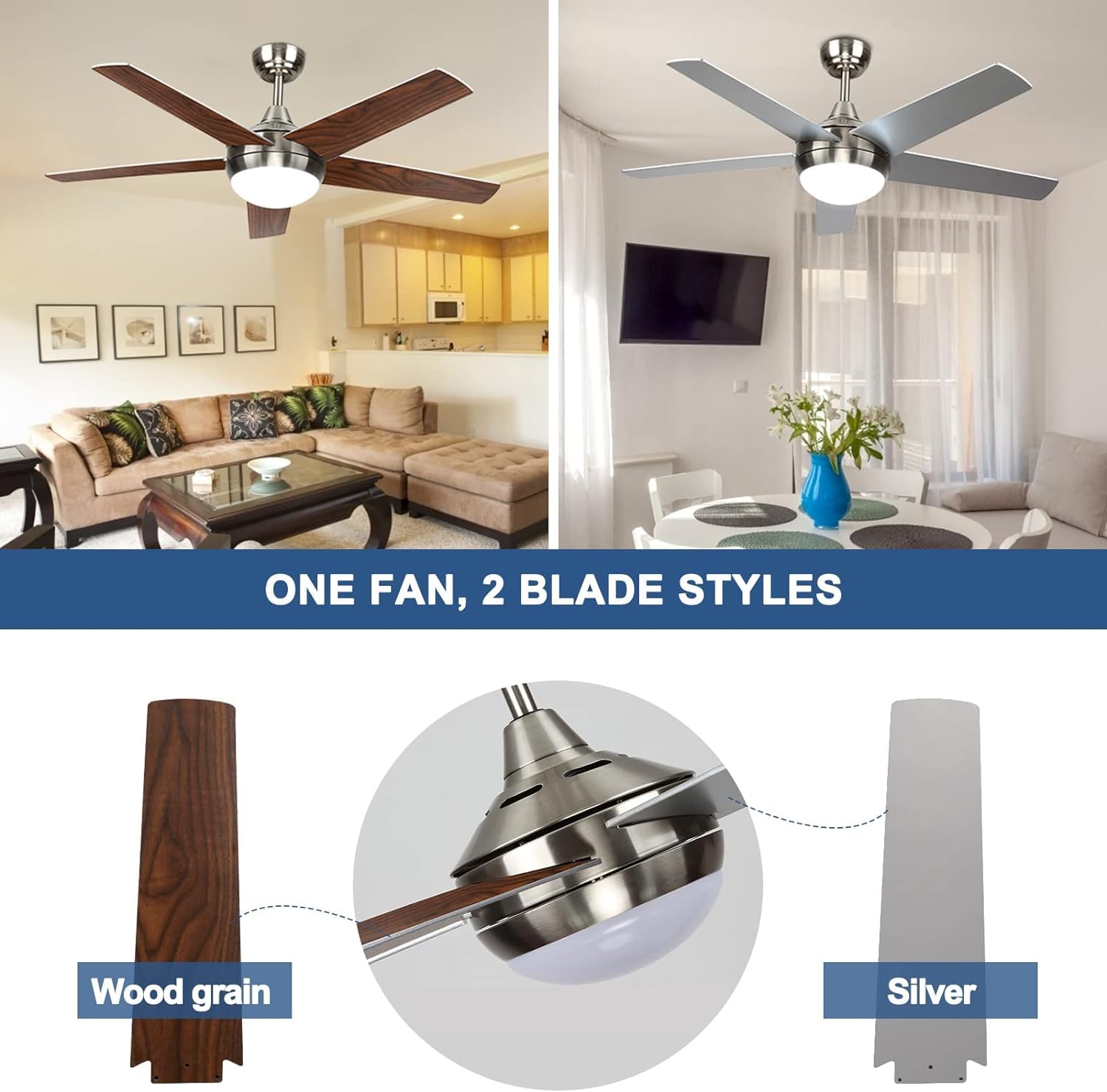 Plafondventilator met afstandsbediening, DC plafondventilator LED-verlichting 52'', 3000K-6500K warm natuurlijk koud wit licht, 5 bladen 6 snelheid ventilator lamp voor slaapkamer woonkamer kantoor