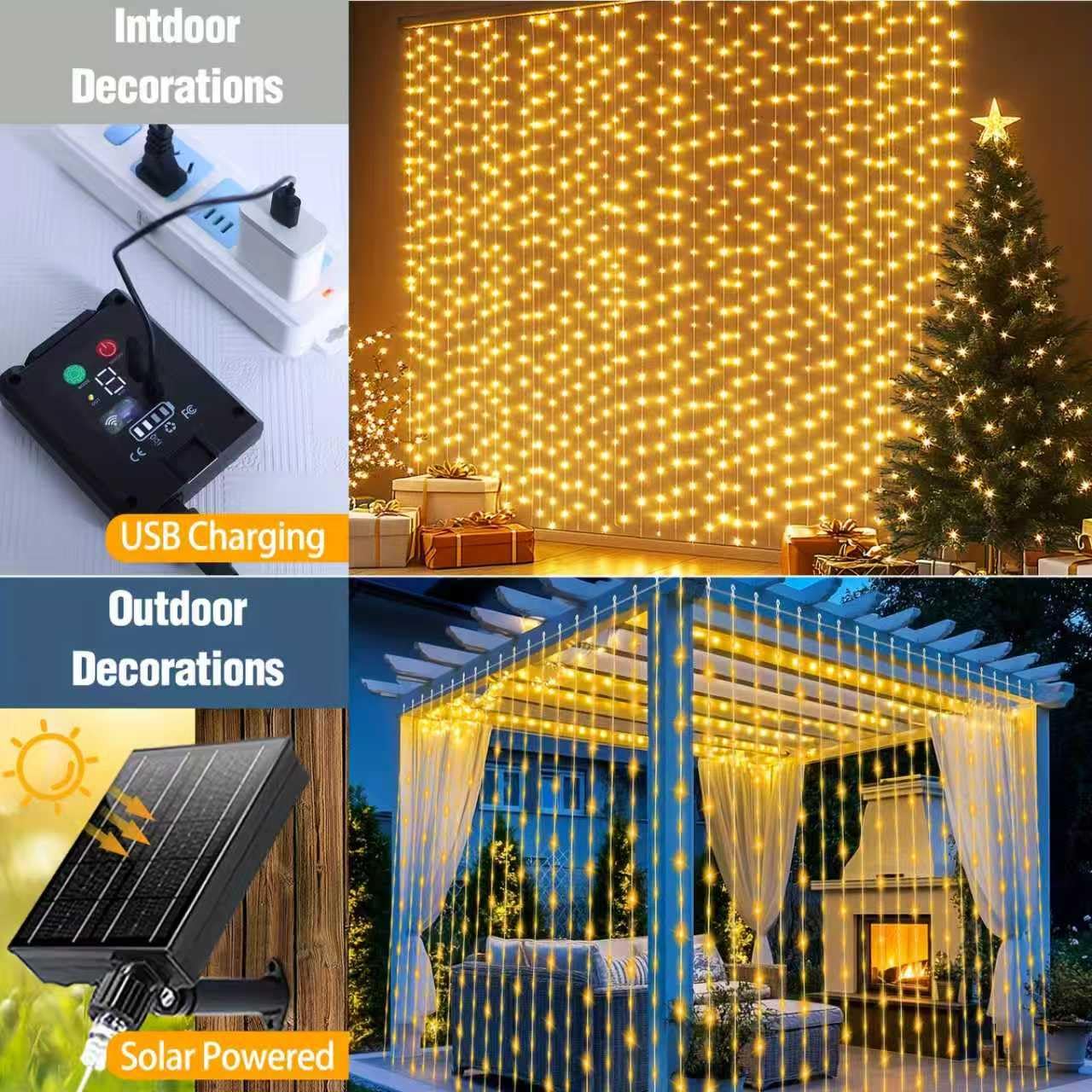 Solar Vorhanglichter 6×3m mit 600 LEDs, 8 Lichtmodi wasserdichte Solar Wasserfall Lichterkette mit Fernbedienung & Timer, Außendeko für Balkon, Pavillon und Hochzeiten