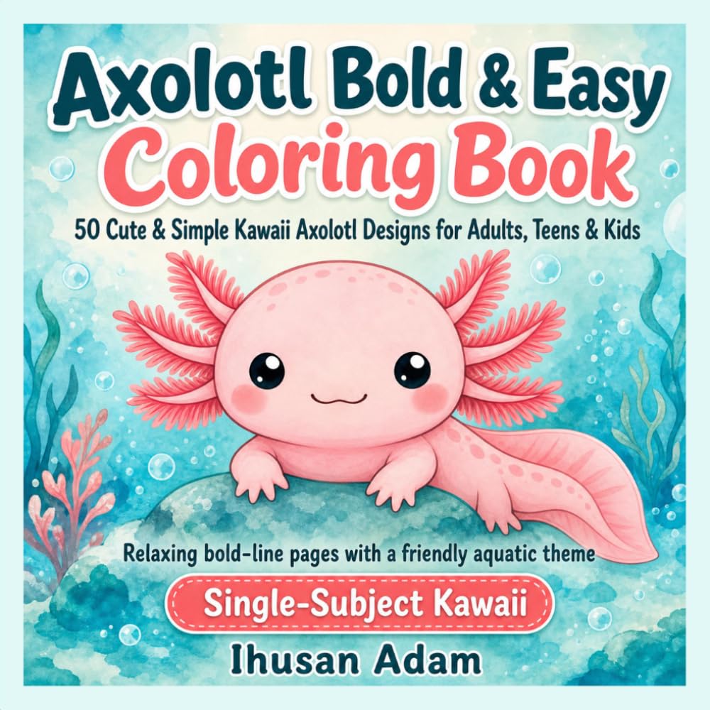 Axolotl Bold & Easy Coloring Book: 50 Cute & Simple Kawaii Axolotl Designs for Adults, Teens & Kids