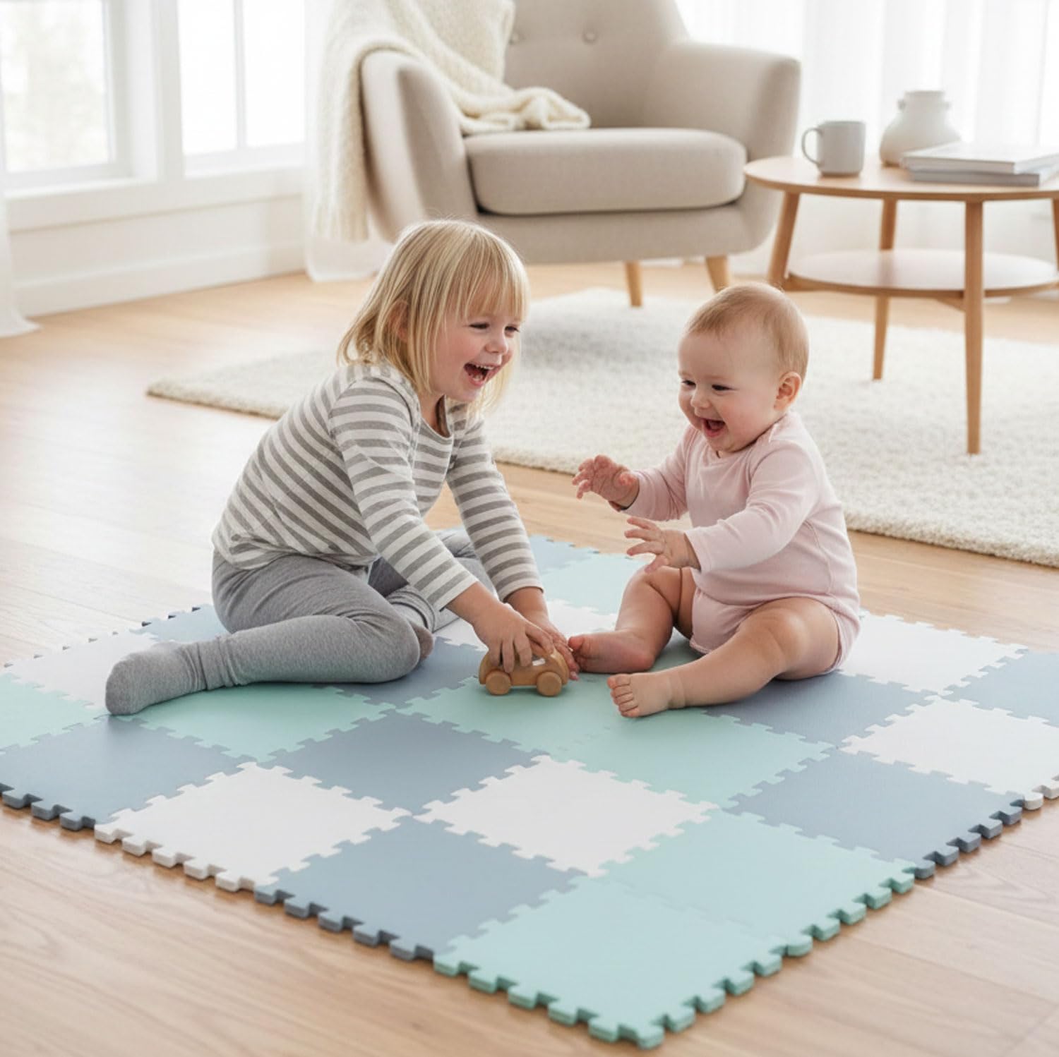 LittleTom Spielmatte Baby Puzzlematte Pastellfarben - 27 Matten je 30x30 cm Krabbelmatte 270x90 cm Bodenmatte Kinder - Puzzle Teppich Kinderzimmer - Bodenschutzmatte Spielteppich Eva Schaumstoffmatte