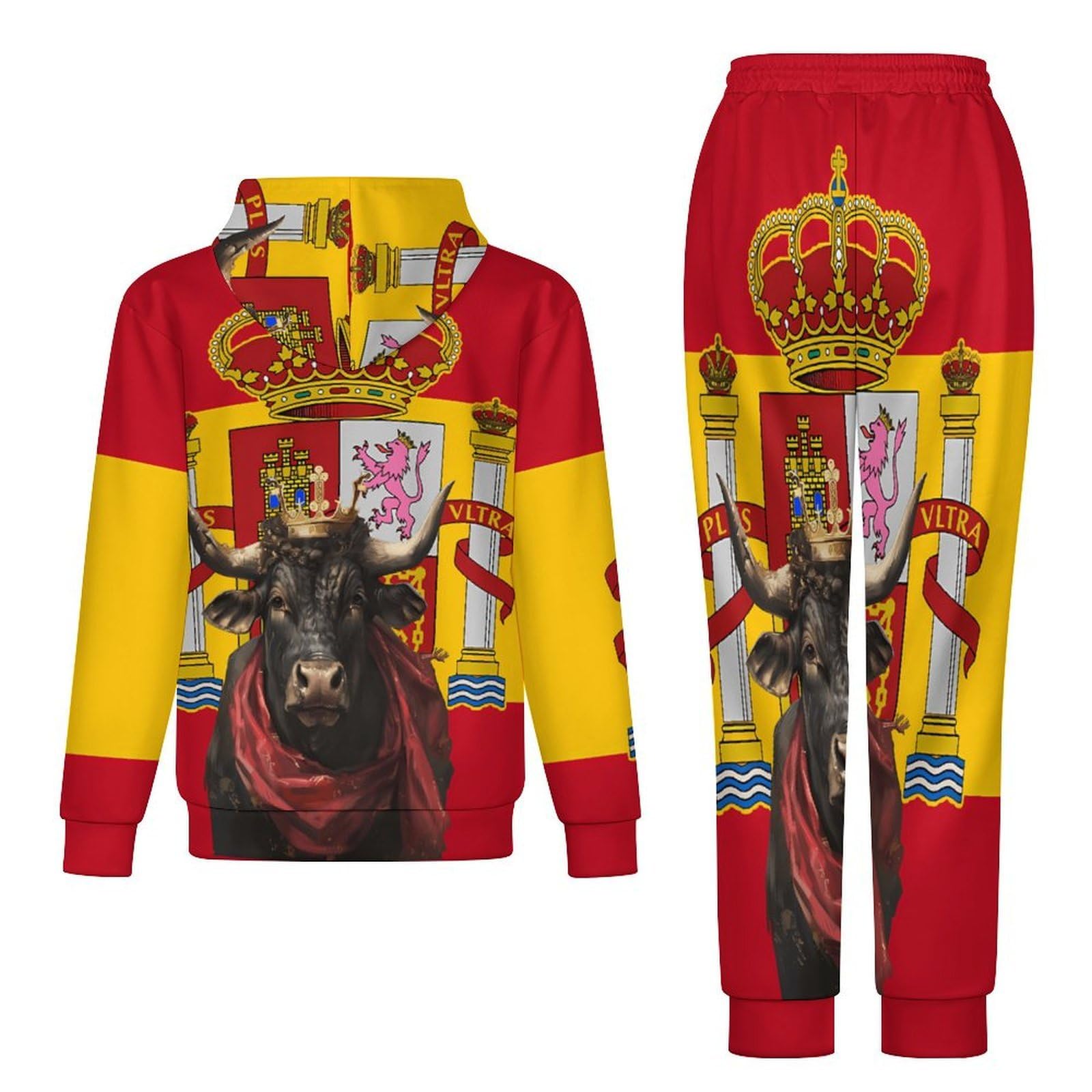 Conjunto de sudadera con capucha para hombre, diseño de toro de la bandera de España, conjunto de 2 piezas, casual, sudadera con capucha