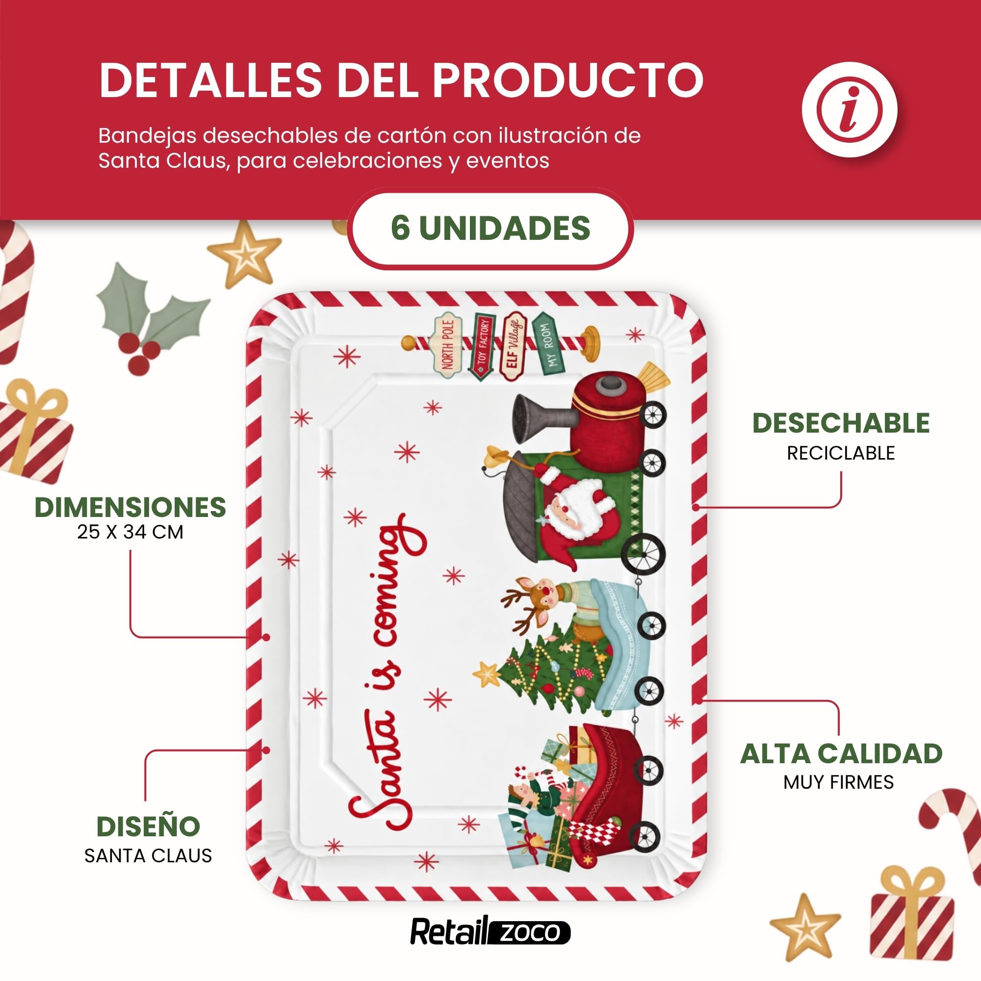 Bandejas de Cartón para Servir, Diseño Santa is Coming, 6 Unidades - imagen 2