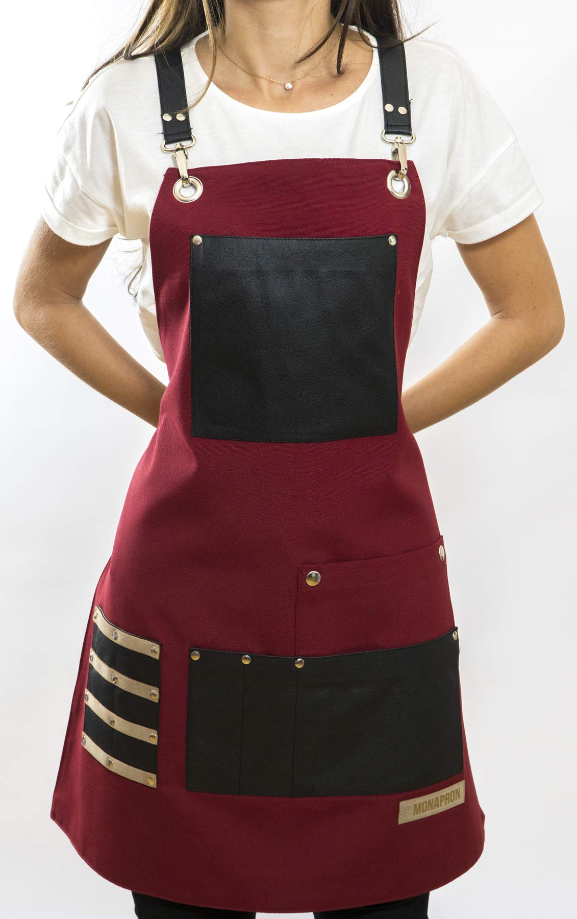 MONAPRON Unisex Chef Apron for Men & Women | Waterproof, Cross Back, Cotton Canvas with Pockets for Kitchen, BBQ, Hairdresser
