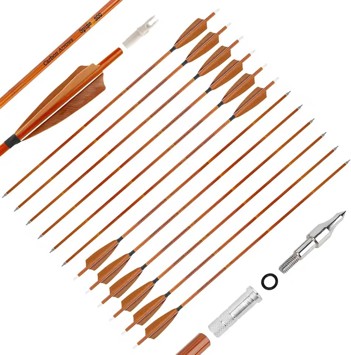 31.5inch Carbon Arrows Bamboo Pattern Archery Targeting Practice Hunting Arrows with 4" True Feather Spine 500 for Compound & Recurve Bow