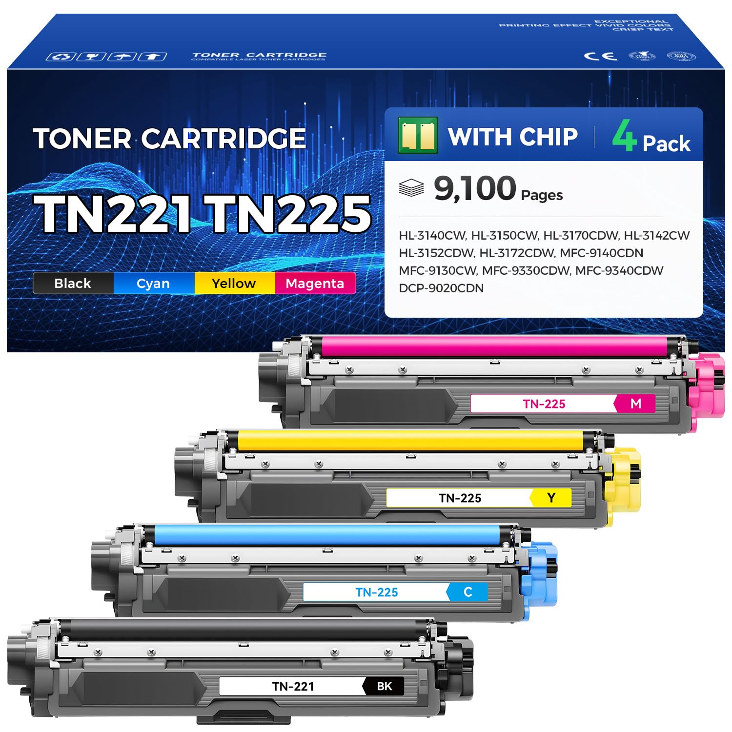 TN221 TN225 Toner Cartridges 4-Pack Replacement for Brother TN-221 TN-225