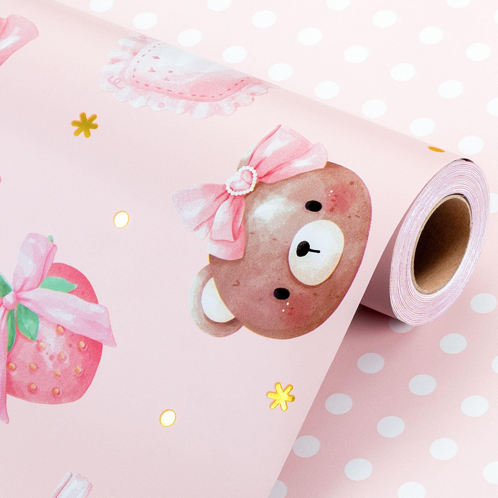 Wikadlik Baby Girl Pink Wrapping Paper - 43cm x 10m Mini Roll - Cute Bear Strawberry Bow Gift Wrap Paper for Birthday, Wedding, Valentines Day