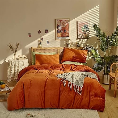 Houseri Juego de edredón de terciopelo naranja quemado, tamaño California King, juego de ropa de cama esponjoso de color óxido de terracota,