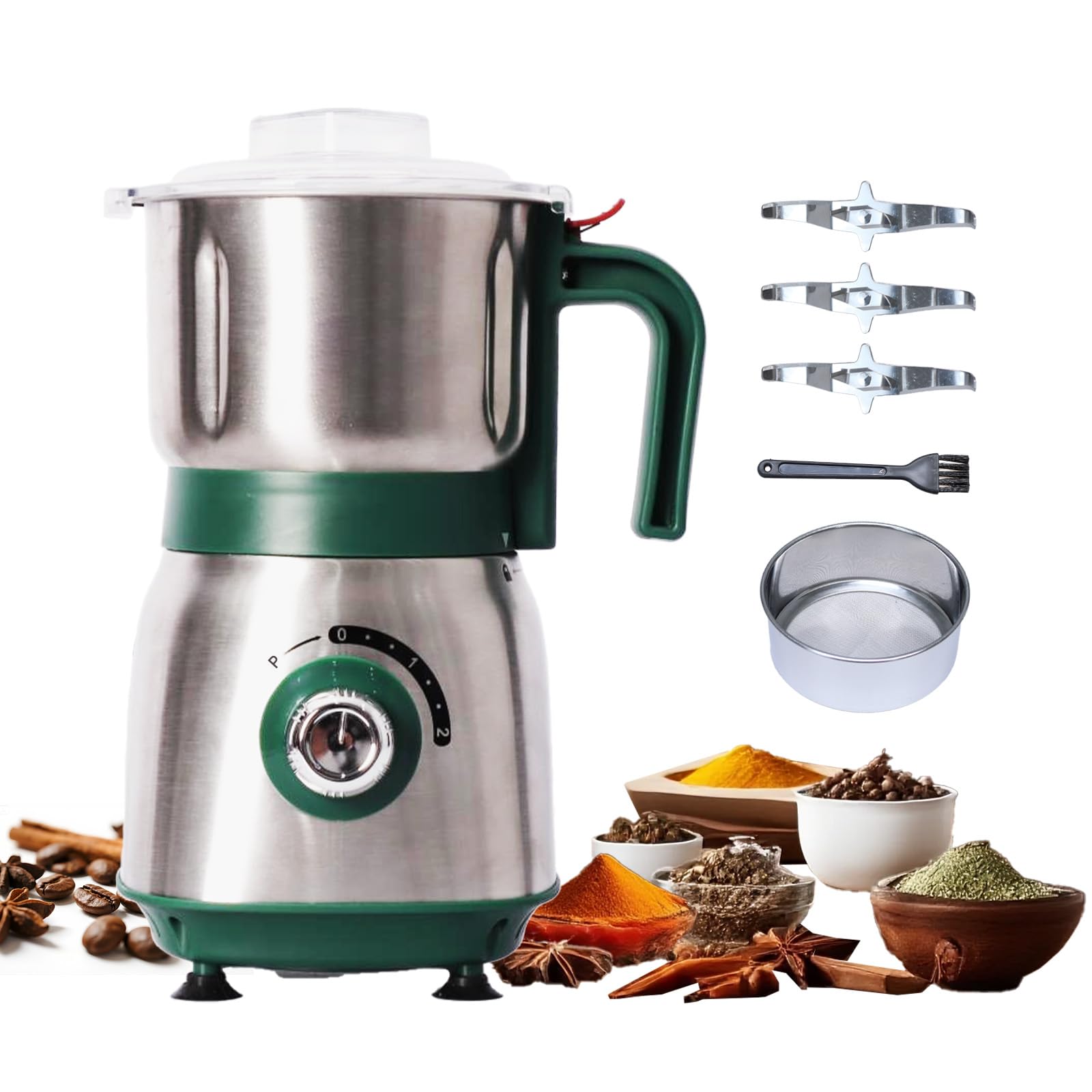 Electric Grinder for Kitchen - 500W Grain Mill with 3 Stainless Steel Blades, Dry and Wet Versatile Spice Grinder for Coffee, Grinding Spices, Bean, Grains, Nuts (Green)