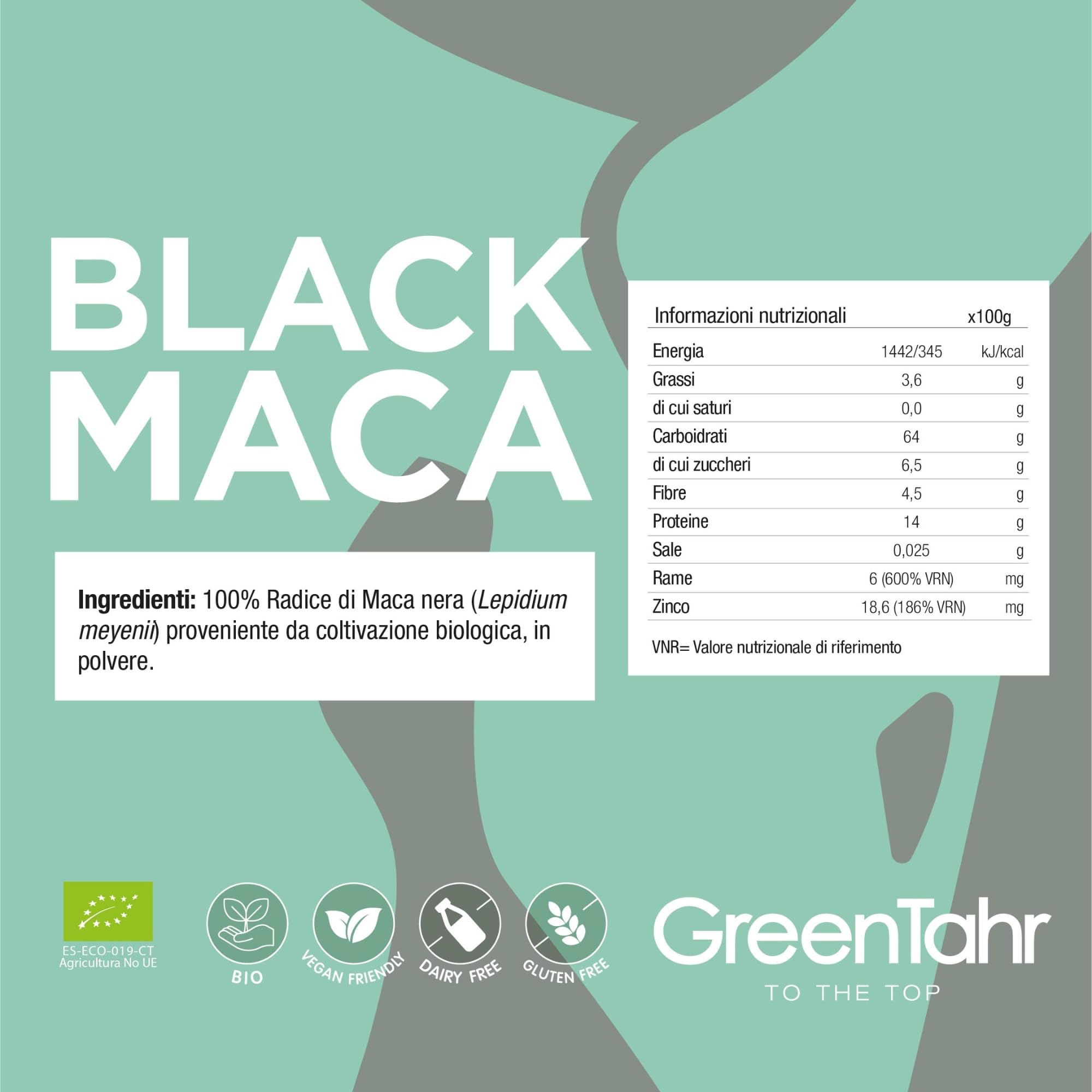 Green Tahr Maca Nera Peruviana in Polvere Bio 750g. 100% Pura estratta dalla Radice. Integratore Energizzante. Black Maca Root Powder Andina, Vegana e Senza Glutine
