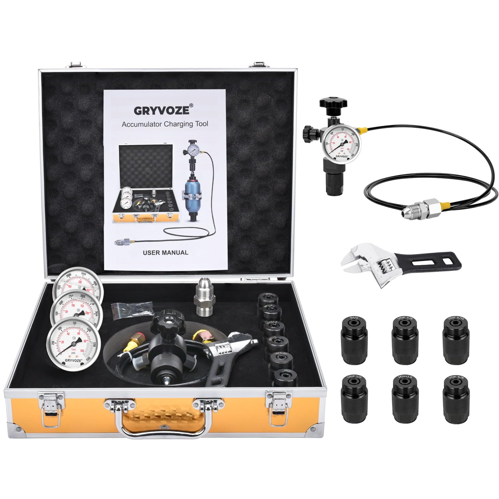 Photo 1 of GRYVOZE Upgraded Hydraulic Nitrogen Accumulator Charging Kit, Pressure Test and Fill System, Gas Charge Tools with 3 Gauges, 7 Accumulator Adapters with Flat-Cut Design, G5/8 to CGA580 Adapter
