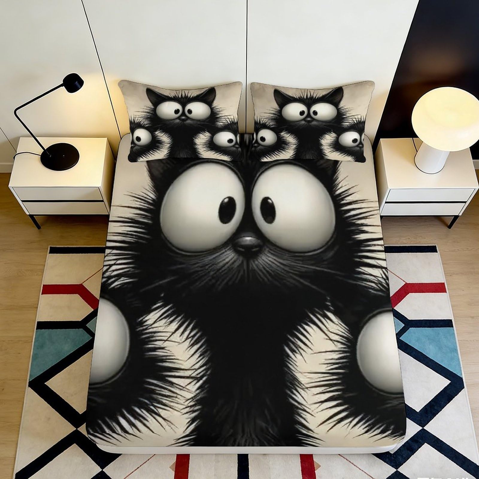 Pnayamiorkfel Style-3 3D Printed Cartoon Black Cat Fitted Sheet Microfiber Bedroom Decor Cute Animal Bed Cover For Adult Youth Teen 90X200x25cm