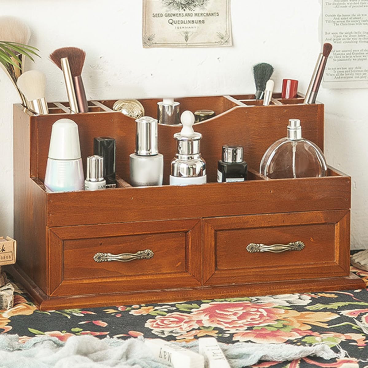 Artibetter Organizzatore da Scrivania in Legno Naturale Stile Vintage 2 Cassetti per Gioielli e Cosmetici, Capacità Ampia e Struttura Durevole per Camera o Comodino