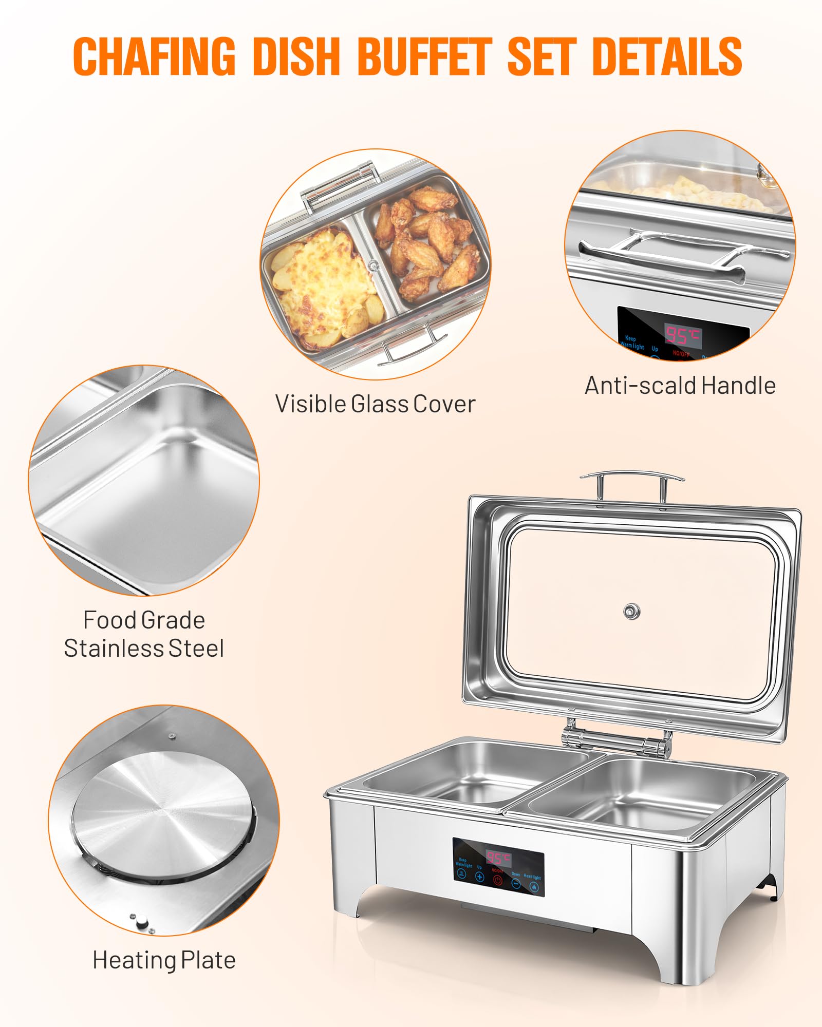9L Chafing Dish Buffet Elettrico con Coperchio in Vetro Scaldavivande in Acciaio Inox Vassoio di Contenitore Riscaldamento e Freddo per Buffet Catering Ristoranti Feste Matrimoni