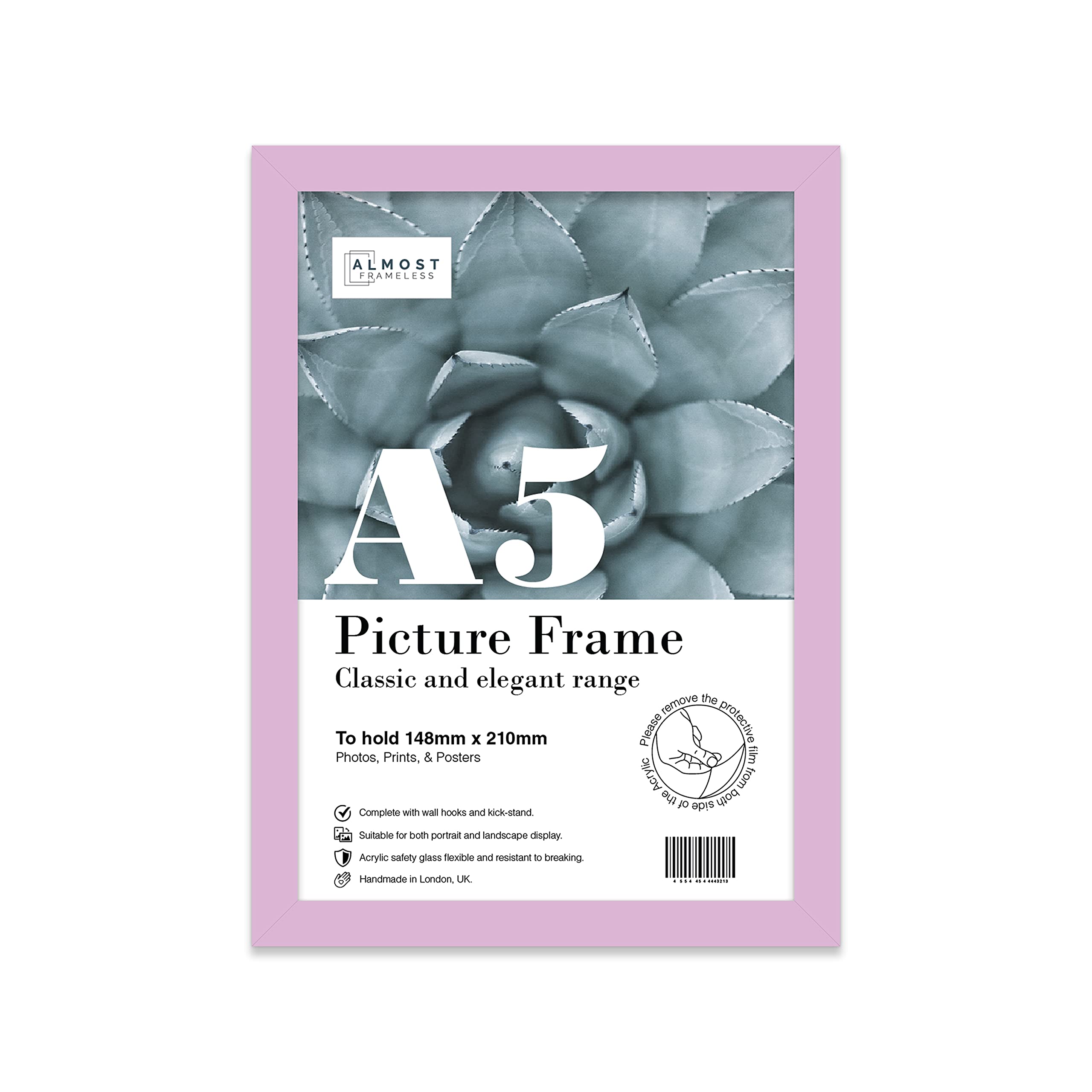 Almost Frameless A5 Lilac Picture Frame, Fits A5 (14.8 x 21cm - 5.8 x 8.3in) Poster, Photo, or Print. Portrait and Horizontal Wall Hooks/Kickstand Wall Art Display