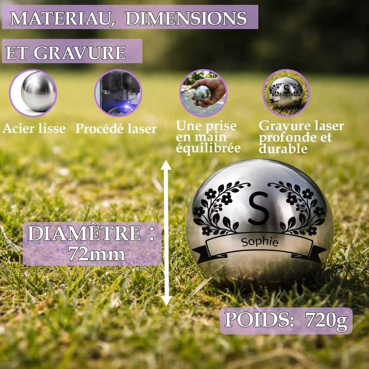 Boule de Pétanque Personnalisée 720g - Triplette avec Accessoires (Cochonnet, Sacoche, Mesureur) - Idée Cadeau pour Fête des Pères et Mères, Retraite, Anniversaire (Modèle Couronne de Fleurs)