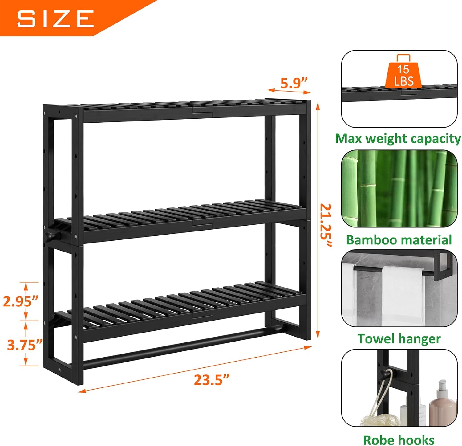 RRX Bathroom Shelf Storage Organizer, Bathroom Shelf 3-Tier Adjustable Layer Bamboo Organizer with Bar, Hanging, Freestanding Over Toilet Utility Shelves, Black
