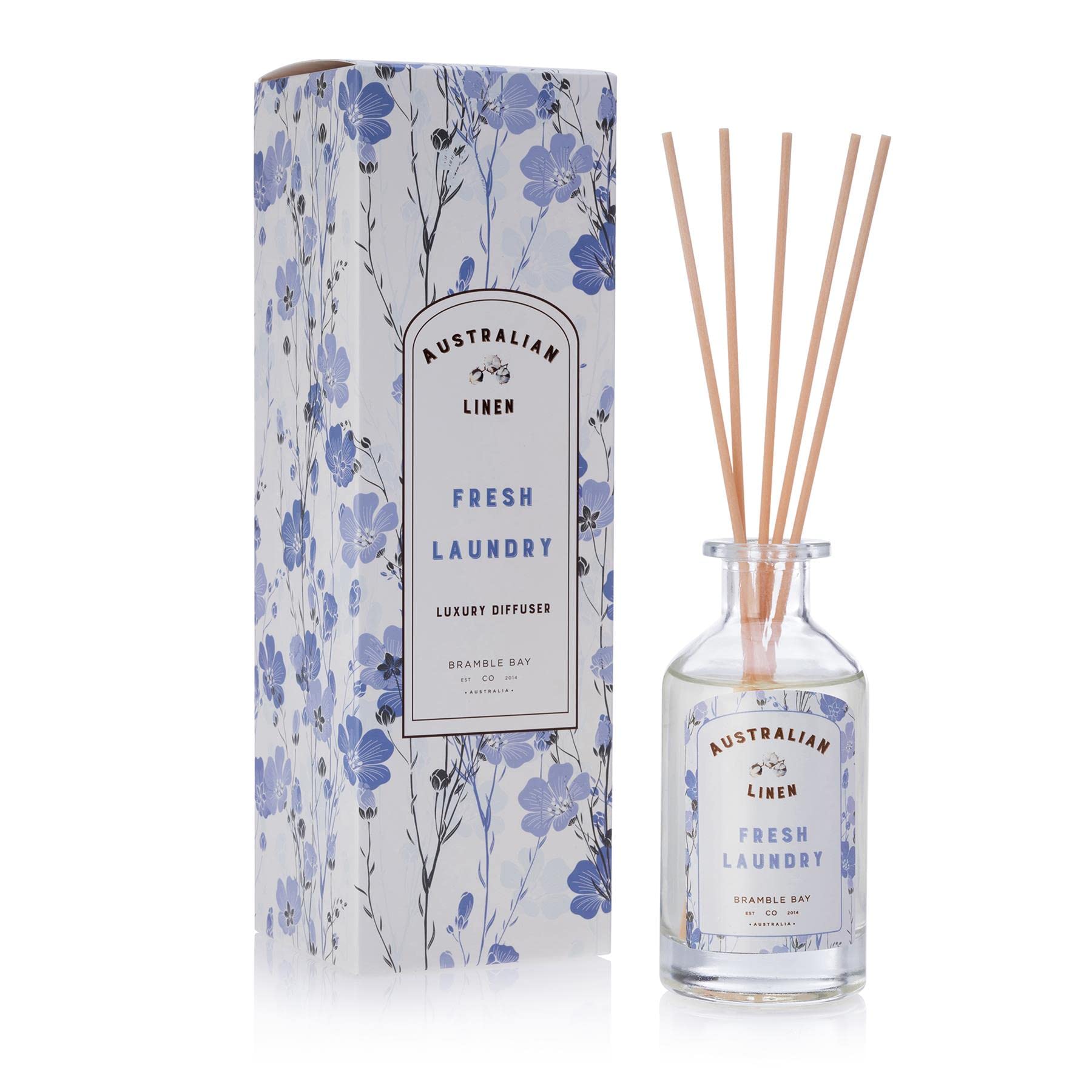 1x Fresh Laundry Australian Linen Scented Reed Diffuser - 180ml - Essential Oil Home Bathroom Fragrance Aroma Sticks Glass Bottle Set - by Bramble Bay