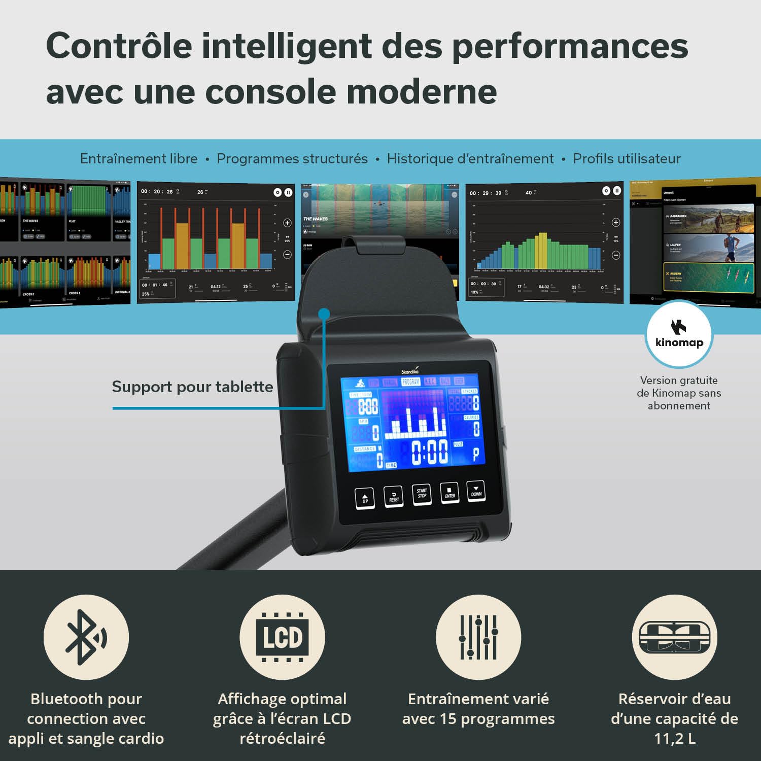 Skandika Rameur à Eau Nemo III | Rameur d'appartement avec résistance à l'eau, Compatible Kinomap, Bluetooth, Console LCD, Support Tablette, jusqu'à 150 kg | Rameur
