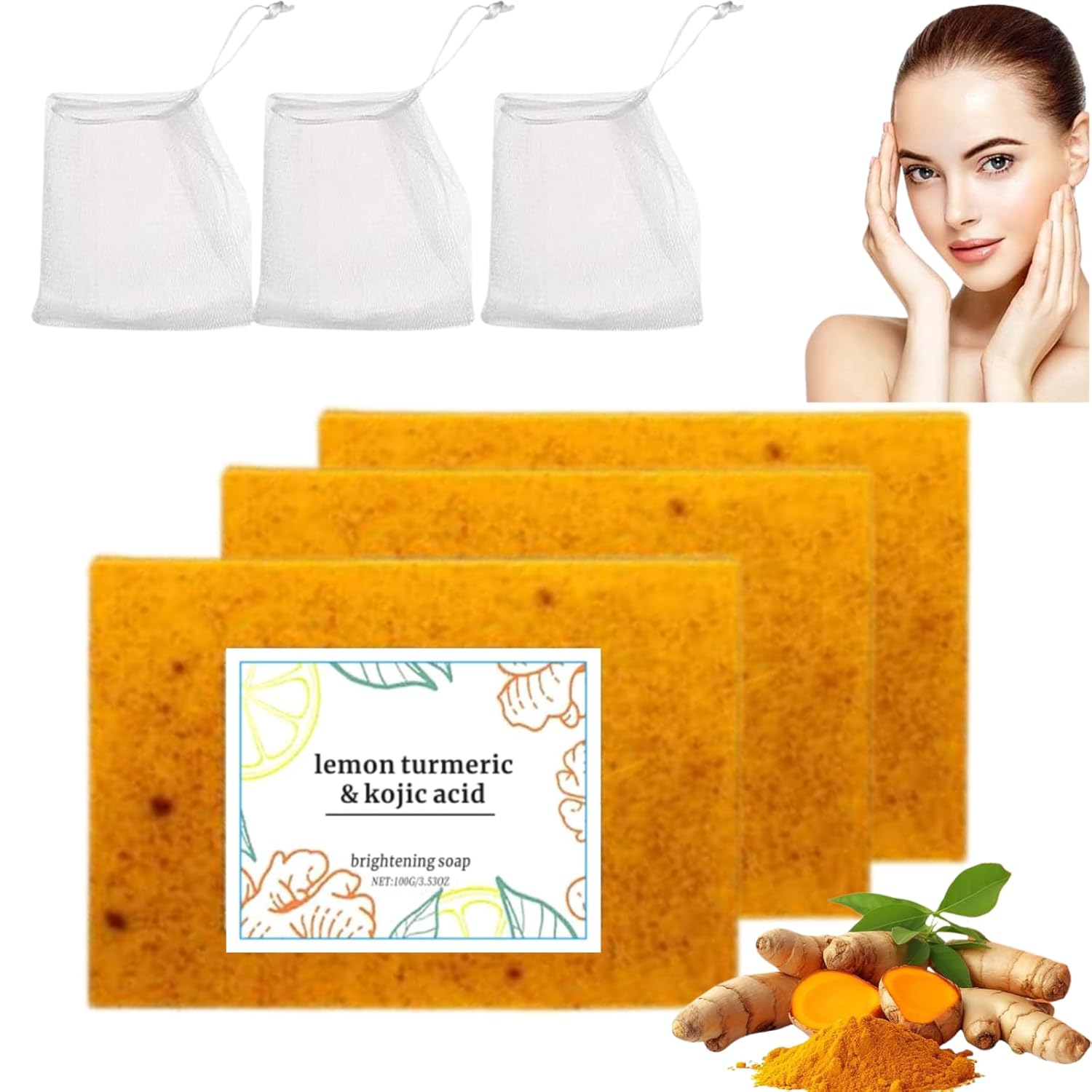 3PCS Turmeric Soap,Lemon Turmeric Kojic Soaps, Natural Handmade Soap, Bar For Face And Body Moisturizing Deep Cleansing, For Women & Men 3PCS Turmeric Soap,Lemon Turmeric Kojic Soaps, Natural Handmade Soap, Bar For Face And Body Moisturizing Deep Cleansing, For Women & Men
