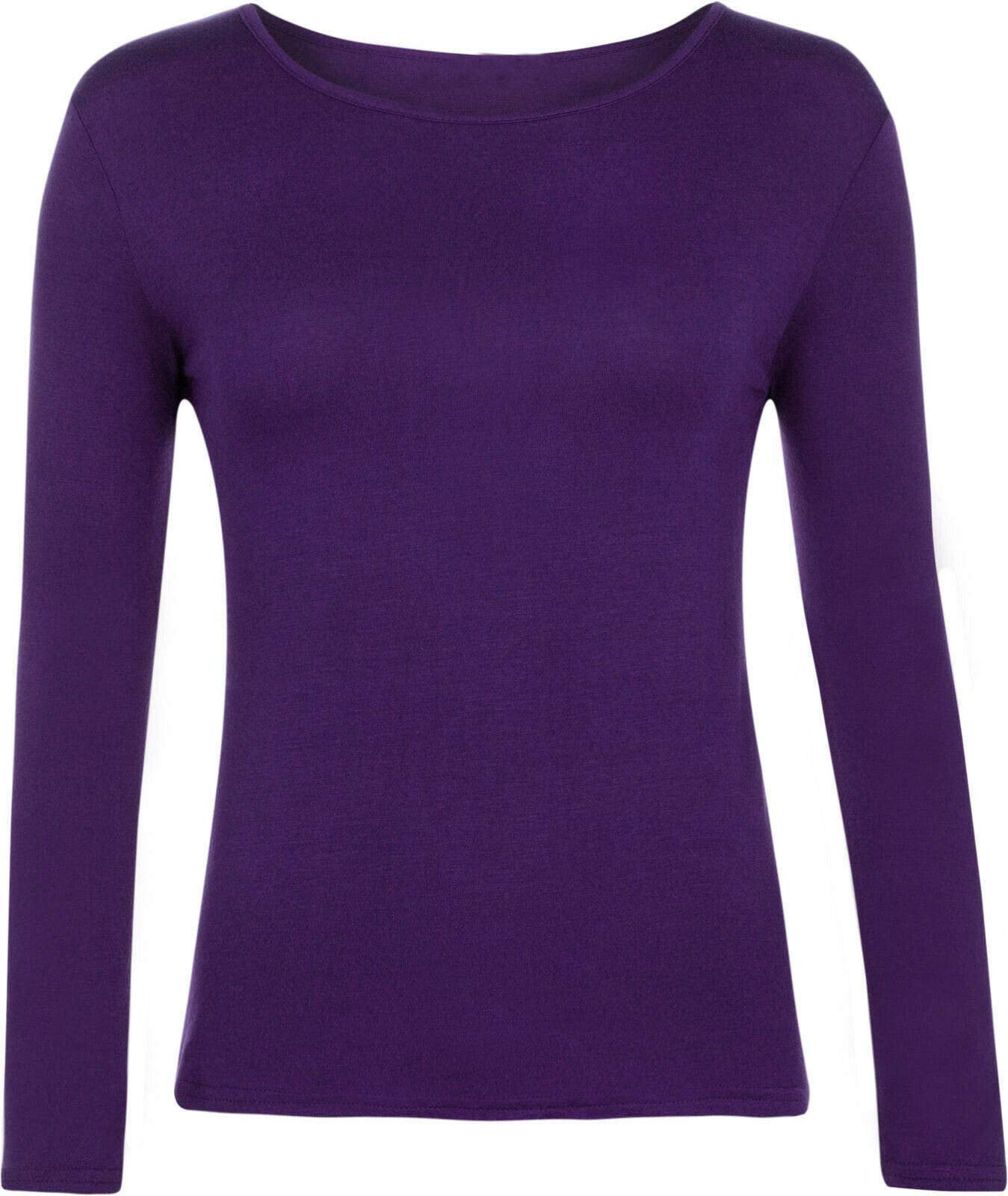 Ladies Women Basic Long Sleeve Plain Round Neck Ladies Stretch Plus Size Top T Shirt (Purple, UK XXXL)