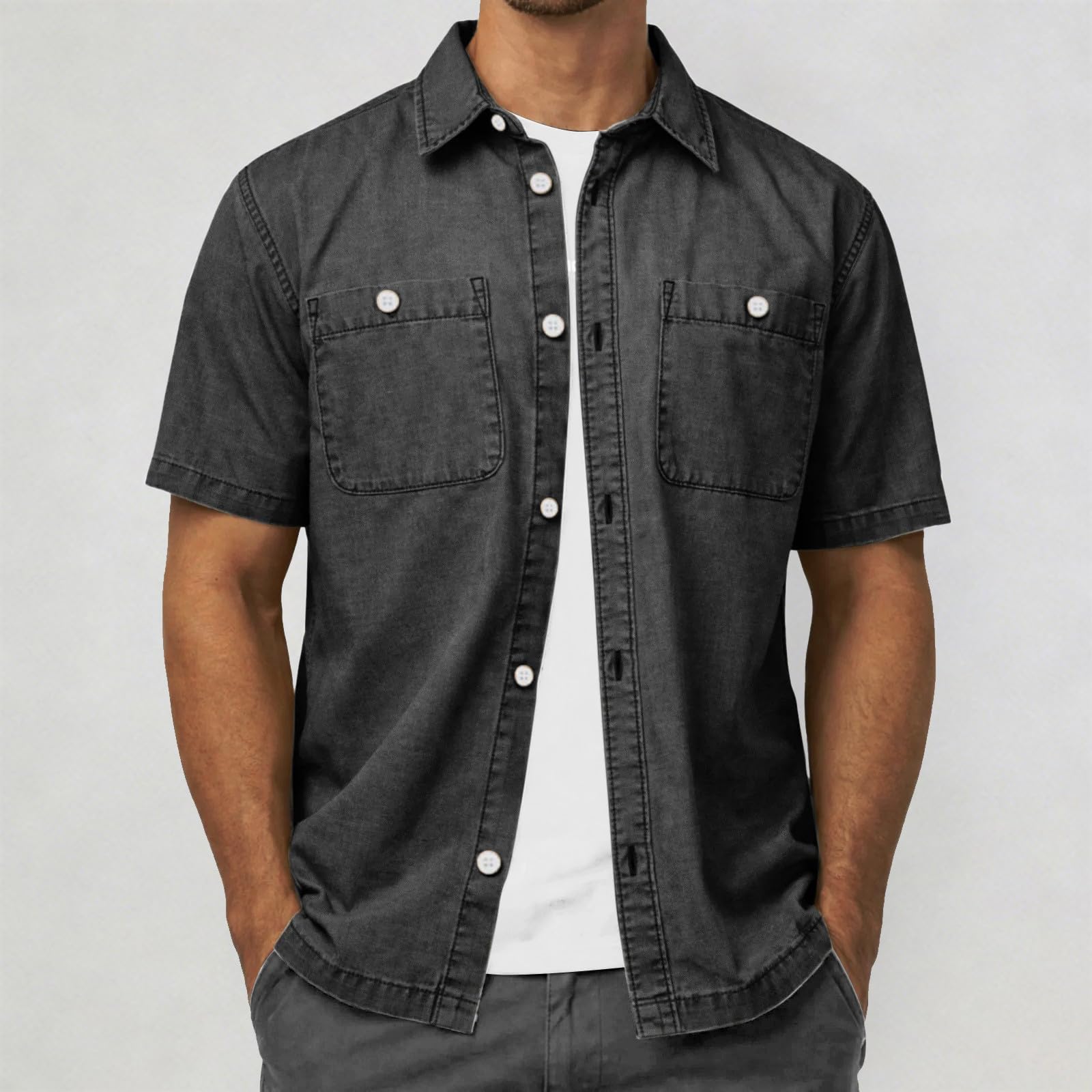 WWricotta Camicia Denim Uomo Maniche Corte Bottoni Taschino, vestibilità Comoda, Cotone Leggero per Outdoor e Tutti i Giorni