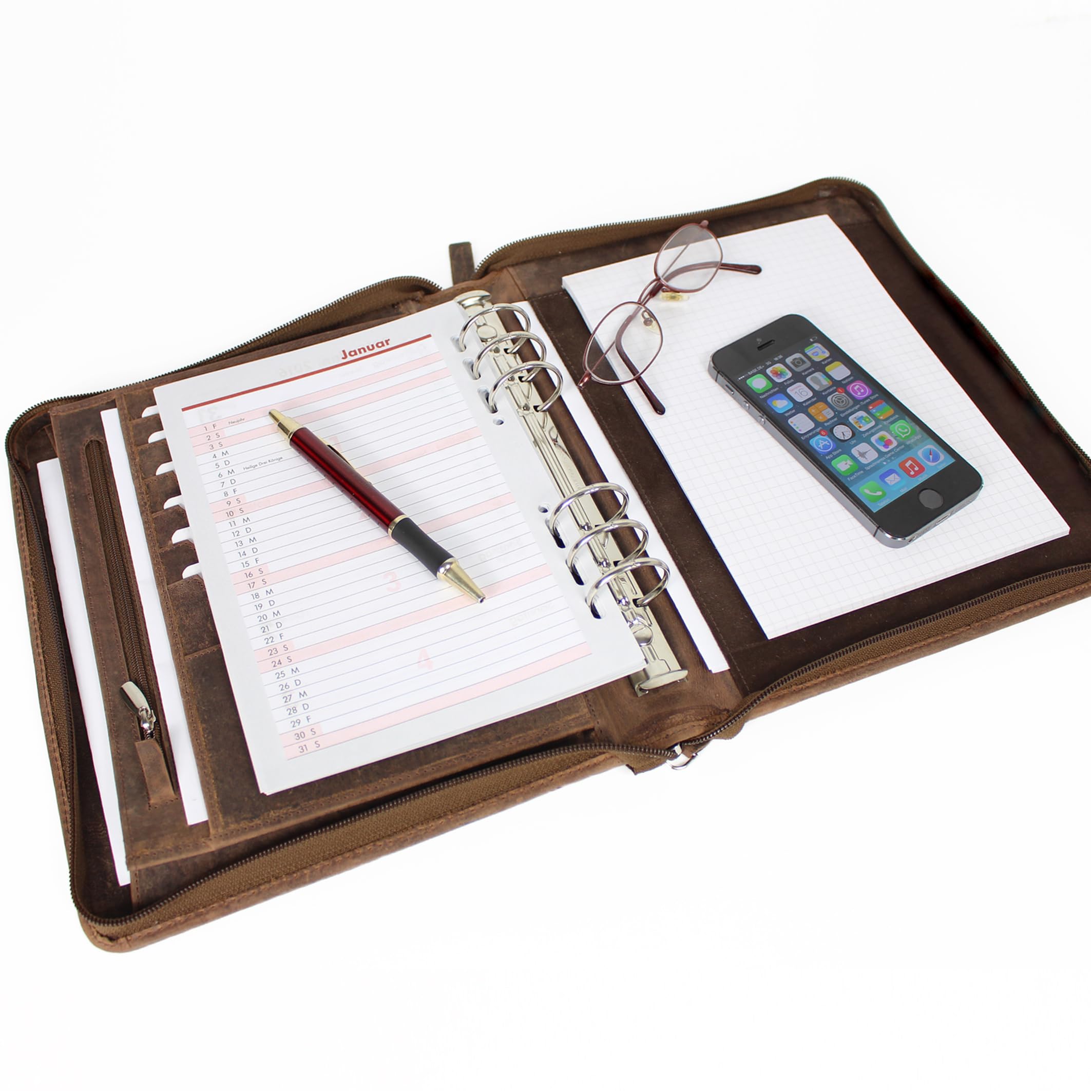 ALMADIH Leder A5 Organizer Reißverschluss + Kalender 2026 Schreibblock BV Premium Rindsleder Ledermappe Terminplaner Mappe Systemplaner Konferenzmappe Ringmechanik braun (A5 Organizer Vintage)