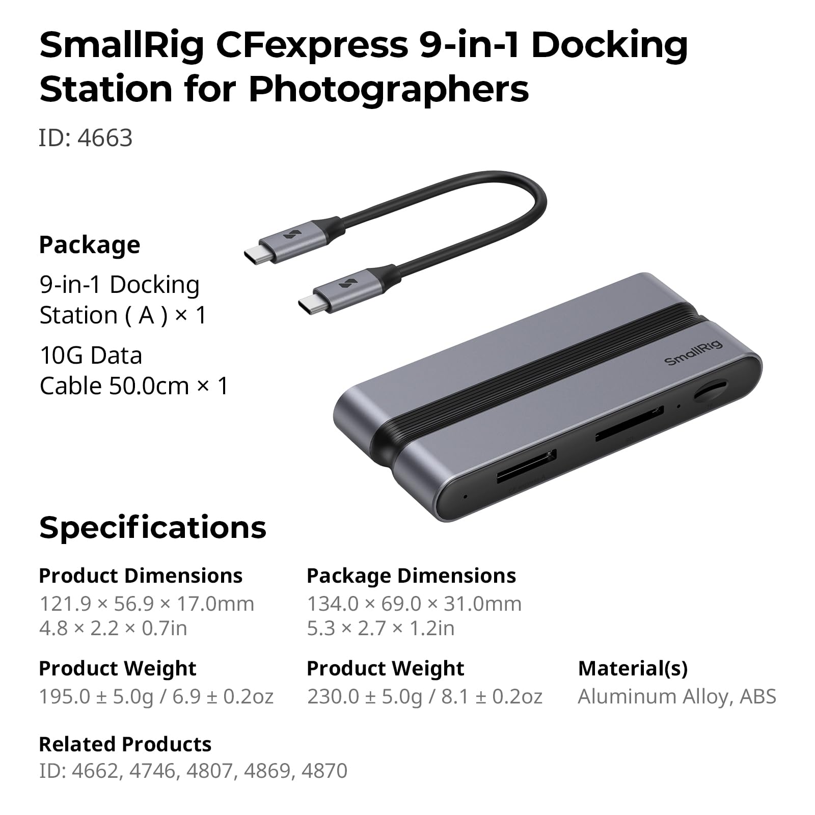 SMALLRIG 9 in 1 CFexpress Type A Card Reader Docking Station con USB3.2 (Gen 2) 10 Gbps, Lettori SD/TF/CFexpress Type A, Porte USB-A/USB-C/HDMI/Gigabit Ethernet, per iPhone per Mac - 4663