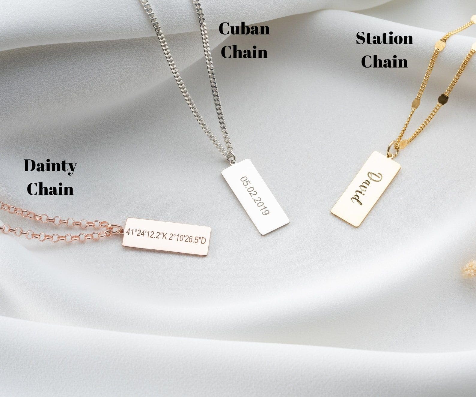 Personalizado barra collar, nombre plata grabado delicado fecha coordenada fecha de nacimiento oro