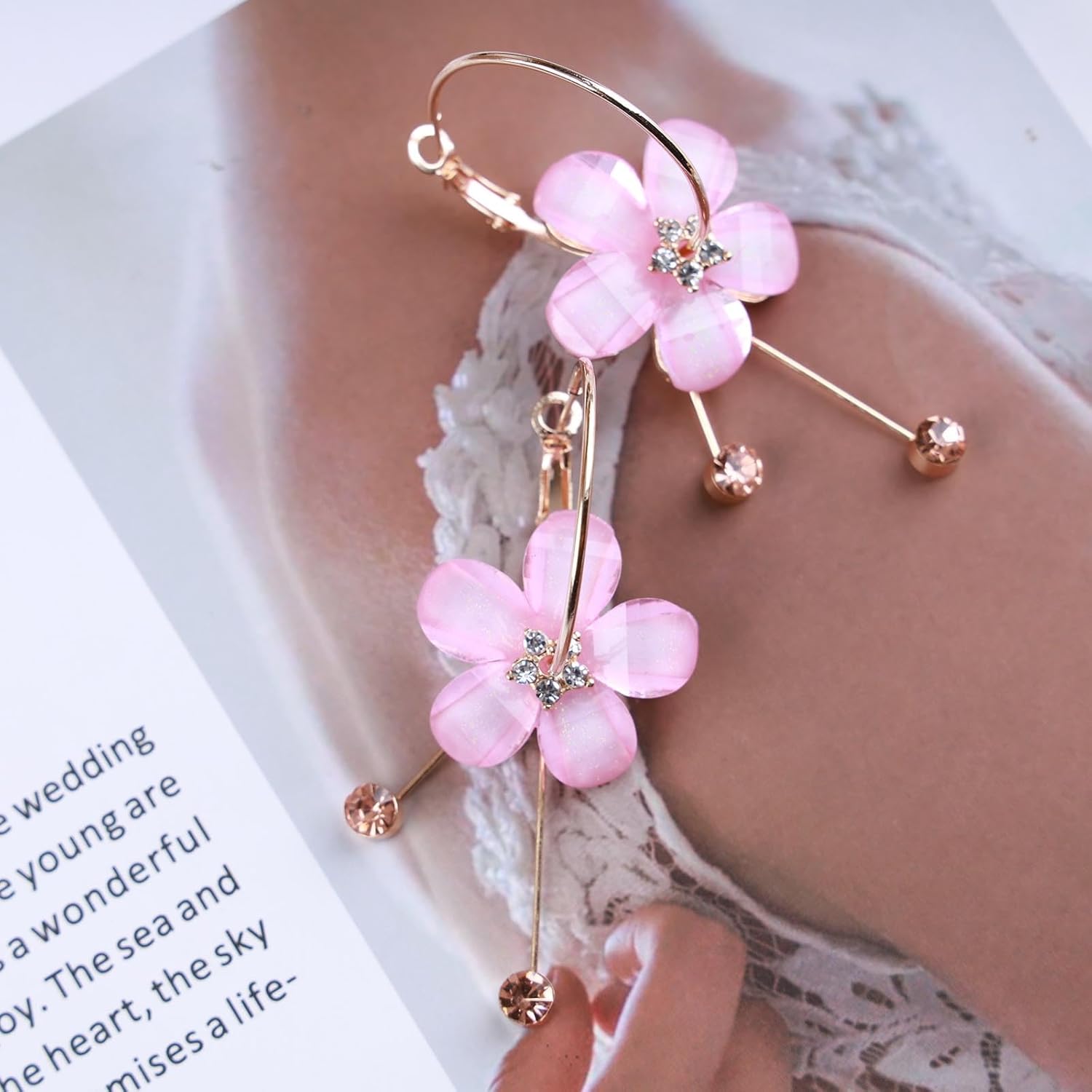 Andelaisi Boho Crystal Flower Earrings Vintage Resin Flower Earrings Acrylic Flower Large Hoop Earrings Pink Flower Petal Earrings Long Crystal Tassel Earrings Jewelry for Women - Image 5