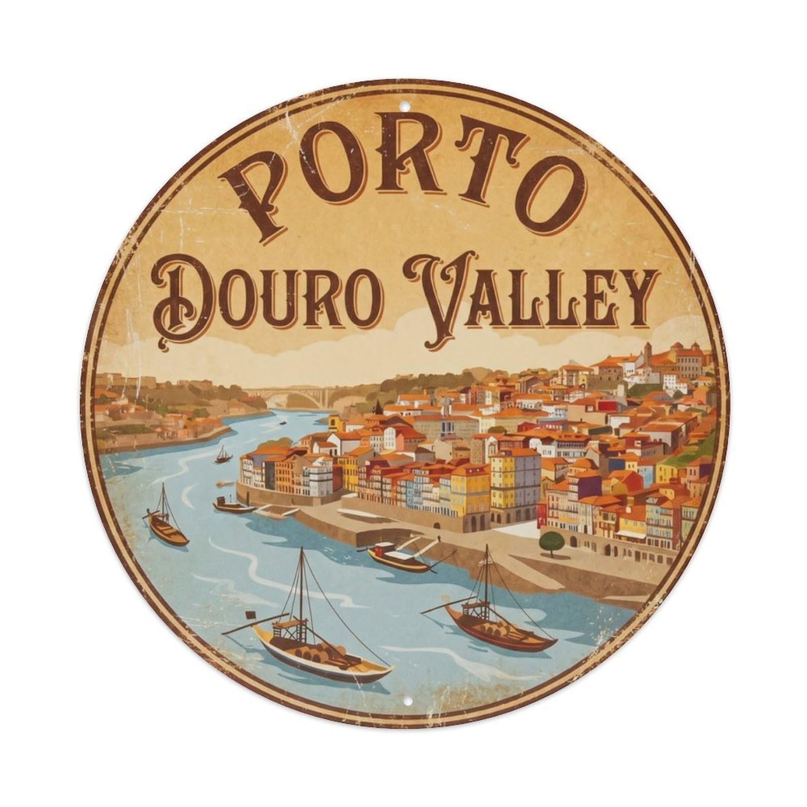 Vintage Travel Porto Riverside Portugal Metal Tin Sign Plaque Wall Decor for Cafe, Club Bar, Office, Home Garden Round Metal Poster 8x8Inch