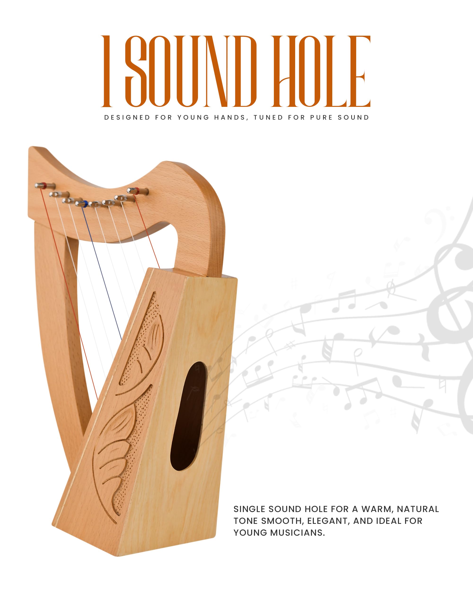 Mini Keltische Harfe 8-saitig | Massives Buchenholz Handgefertigte Folk Harfe mit 3D-Schnitzerei & natürlichem Finish - Tragbares keltisches Instrument für Anfänger & Profis