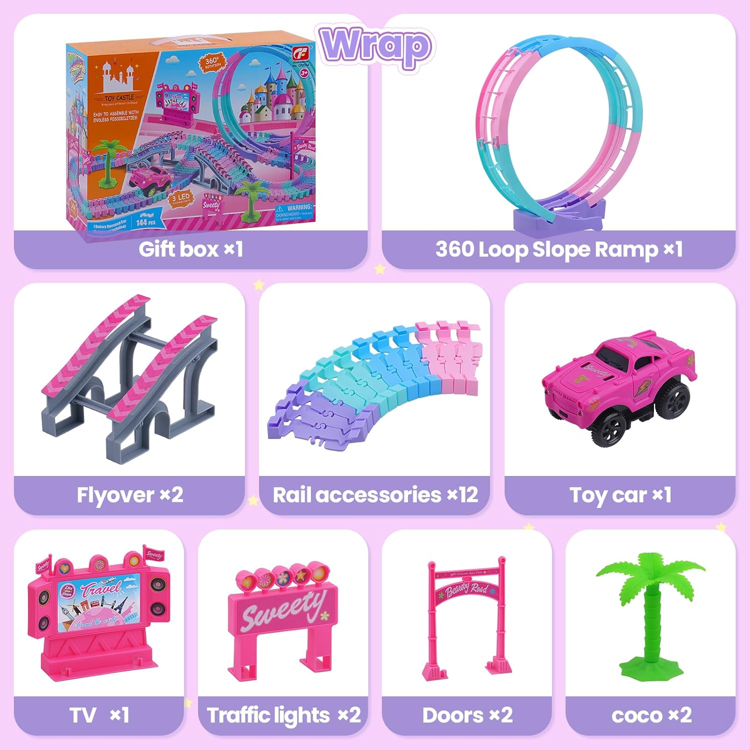 Track Set Magic Toy Car for Kids, 144Pcs Flexible Race Car Tracks with 360 Loop Slope Ramp, Glow in The Dark Car, Construction Tracks Toy Set-Best Birthday Gift for 3 4 5 6 7 8 Years Girls Boys