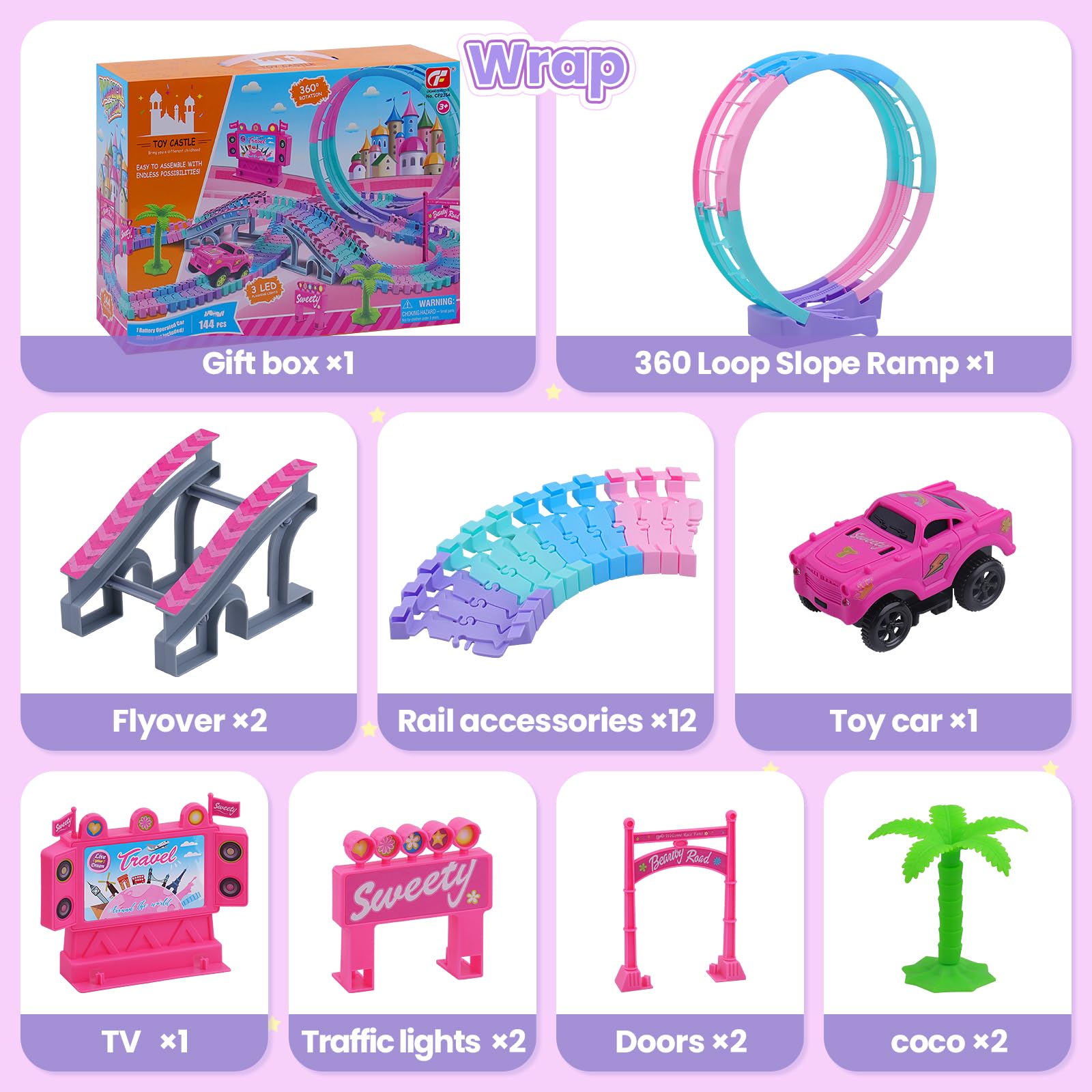 Juego de Carrera mágica para niños, 144 Piezas Flexible-Mejor Regalo de cumpleaños para 3 4 5 6 7 8 años niñas Chicos, con Escalera de 360 bucles, Auto Iluminado