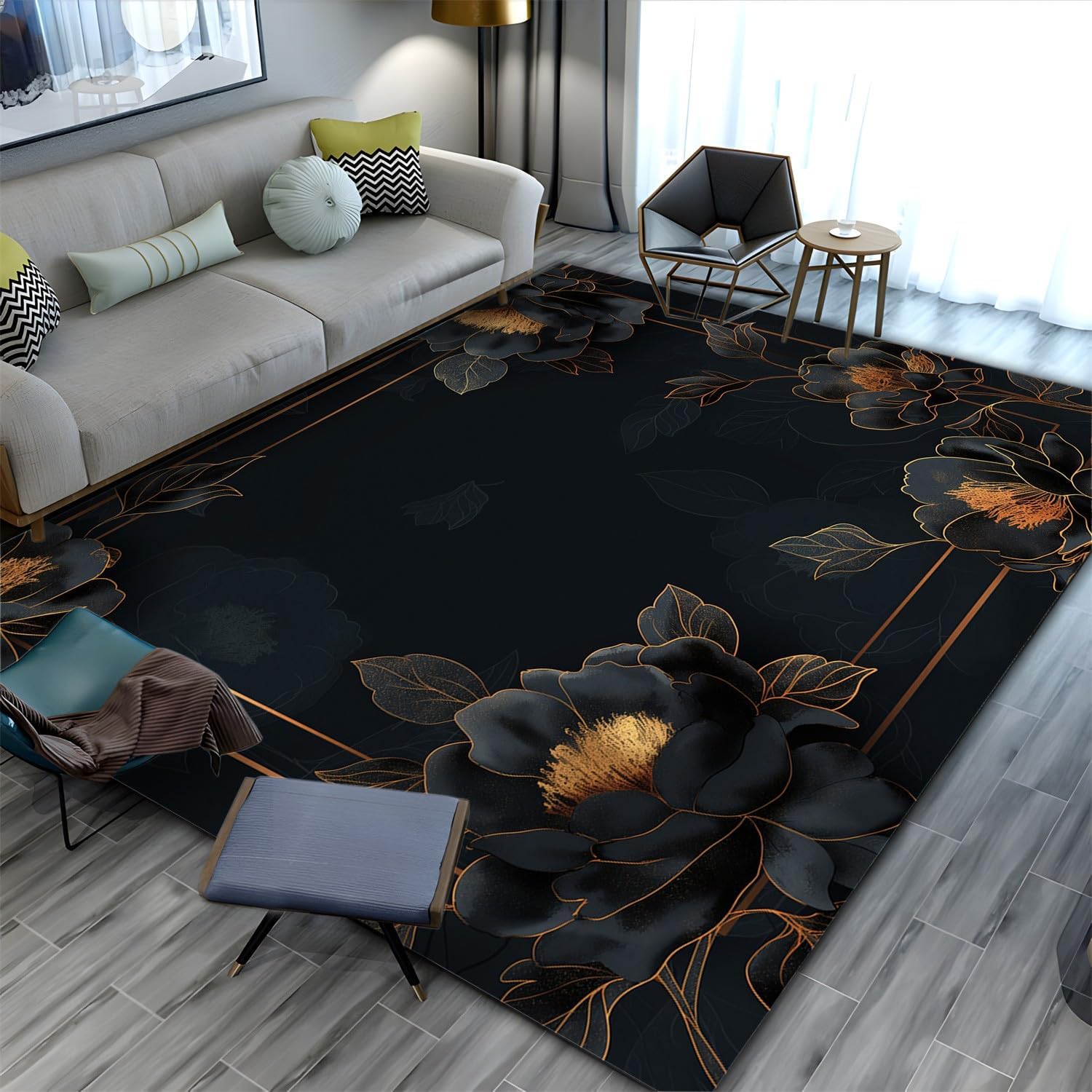 Black Gold Roses Lines Rug for Living Room Bedroom Diningroom Luxury Art Decor Home Office Guestroom Floor Carpet Indoor Outdoor Rug Mat Carpet 2 x 3 ft