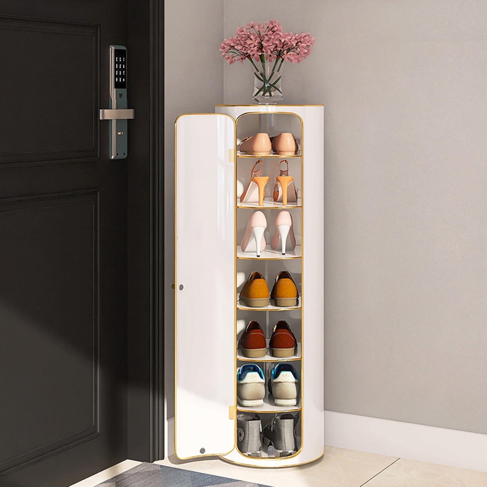 PAKMEZ 360-degree Rotating Shoe Cabinet, Shoe Cabinet with Doors, Stylish Household Vertical Narrow Bucket Shoe Shelf, with Adjustable Shelves, for Slippers, Sneakers, Heels, Boots