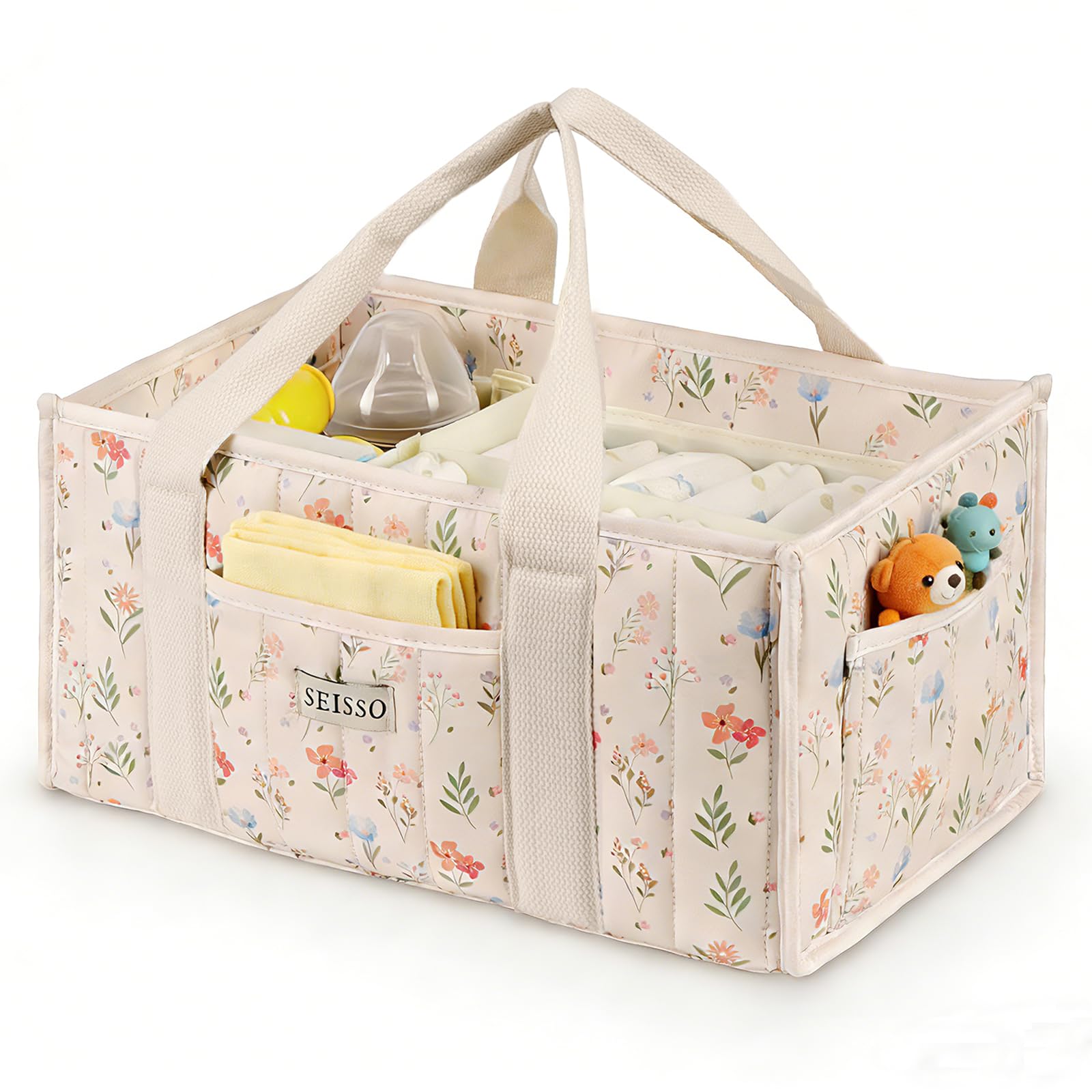 SEISSO Nappy Caddy Organiser Floral Diaper Caddy Bag, Nursery Storage Basket for Changing Table Newborn Girl Boy Essentials