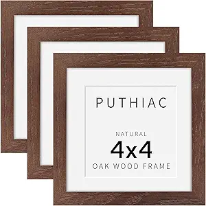 4x4 Oak Wood Picture Frame - 4"x4" Photo Frame, 4x4 Picture Frame Wood, Natural Solid Wooden Picture Frames for Wall Art Photo and Prints(3 Pack, Walnut)